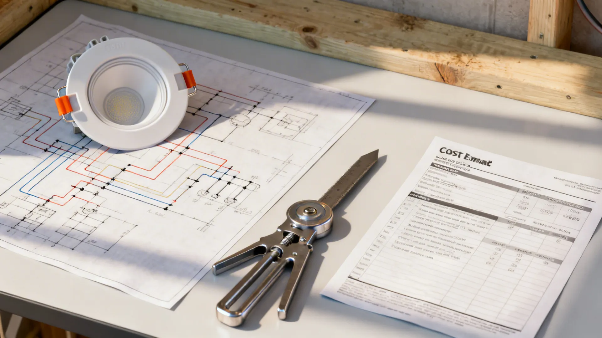 Flatlay showing recessed can sample, wiring sketch, cost estimate and a joist finder for installation planning.