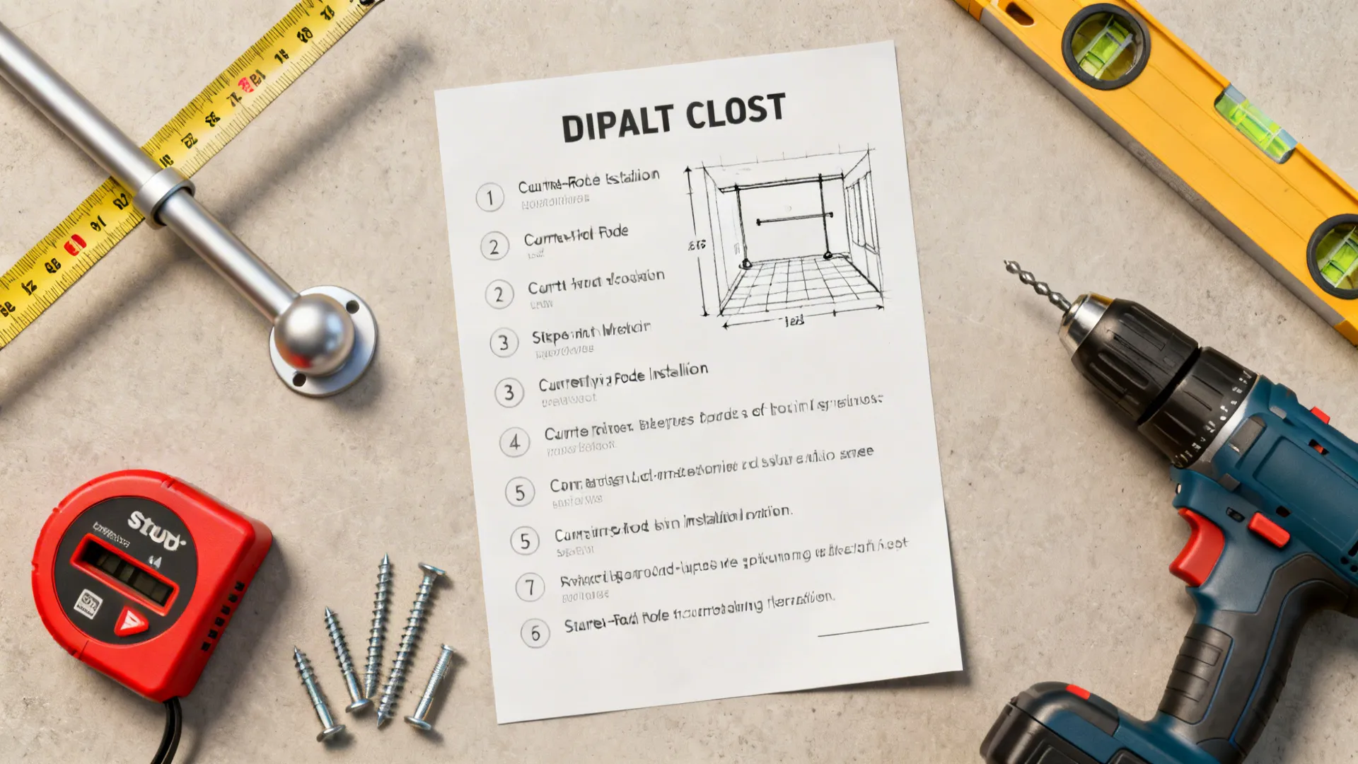 Top-down view of tools and a checklist for installing curtain rods with a simple floor-plan sketch