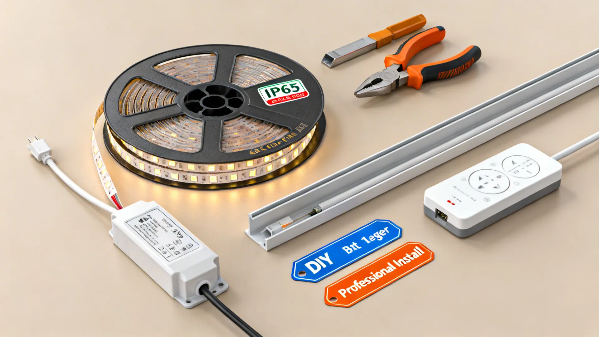 LED strip components and tools displayed to illustrate installation and budget considerations