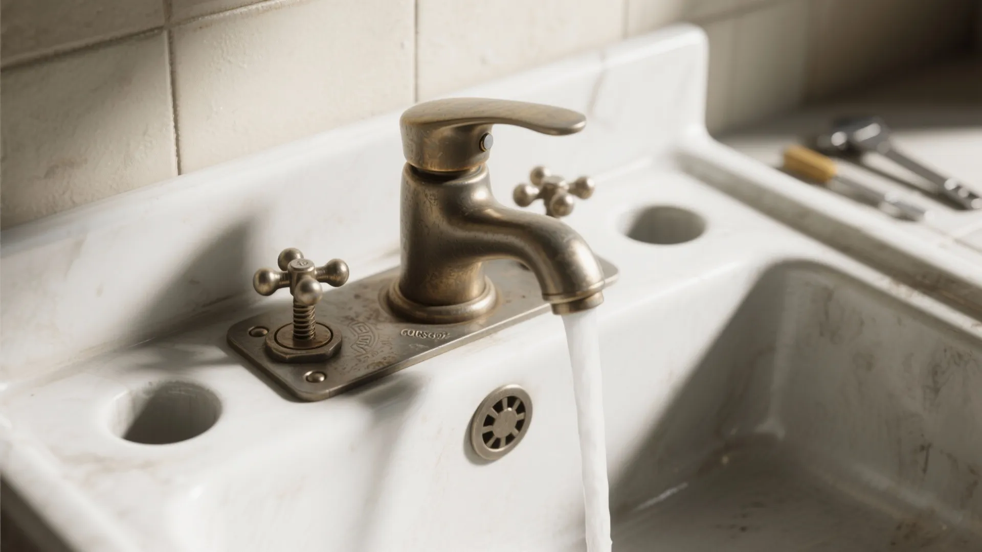 Close-up of faucet installation options showing single-hole faucet and deck plate on a 3-hole sink.