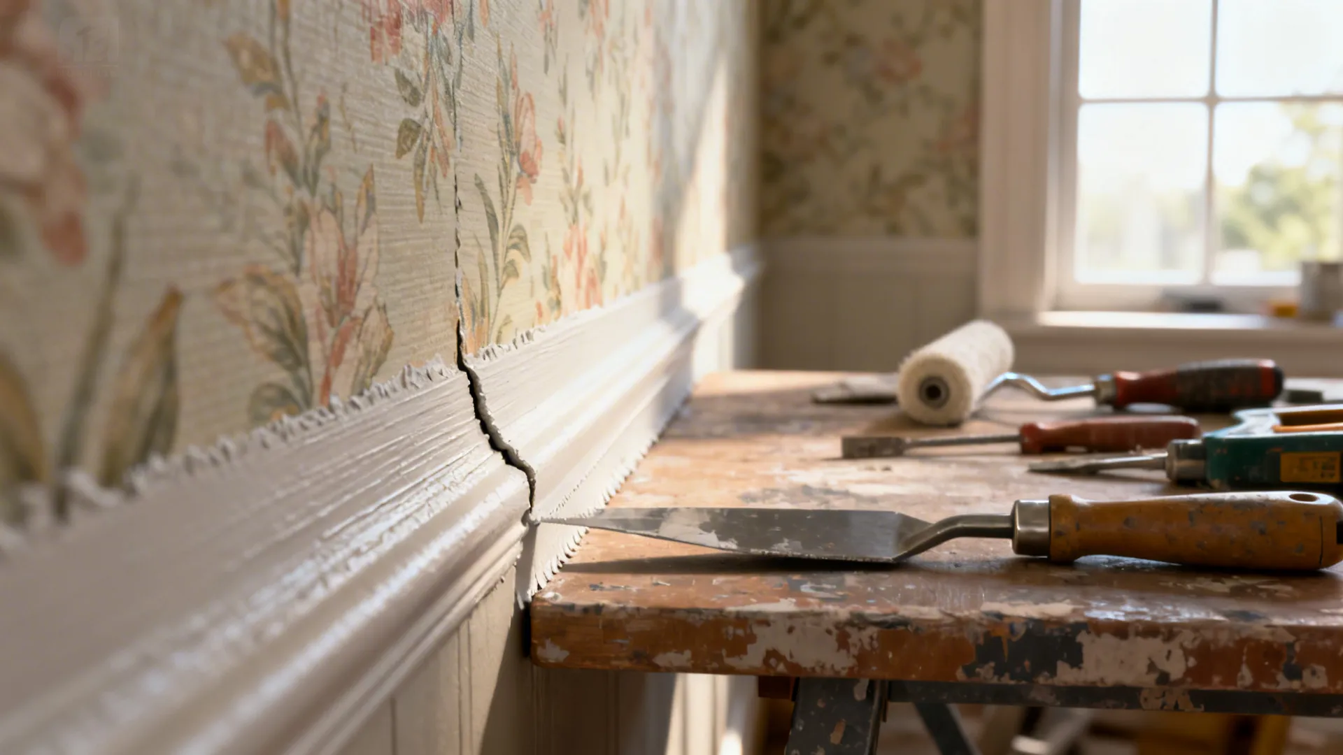 Close-up of wallpaper seam matching and wall prep tools highlighting professional installation detail