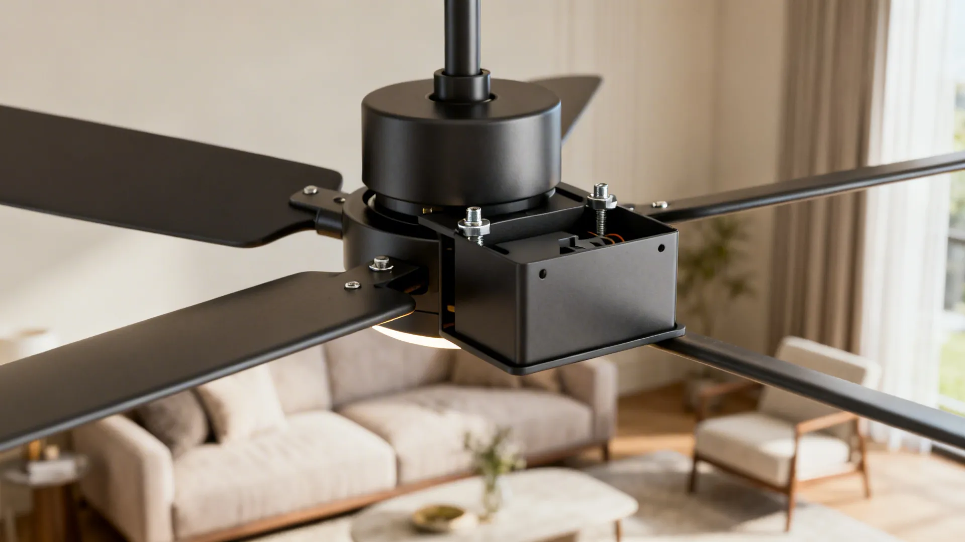 Close-up of chandelier fan blade and mounting hardware with clearance notes for safe installation.