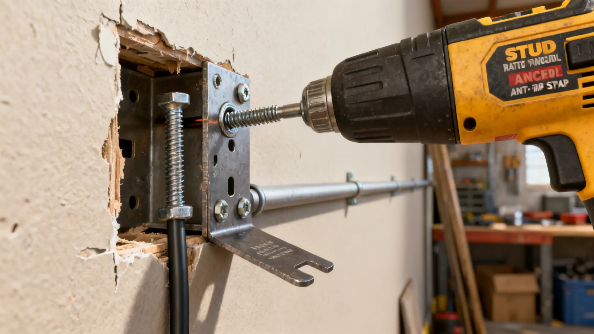 Close-up of stud finder, anchor bolt, and in-wall conduit for safe corner TV installation.