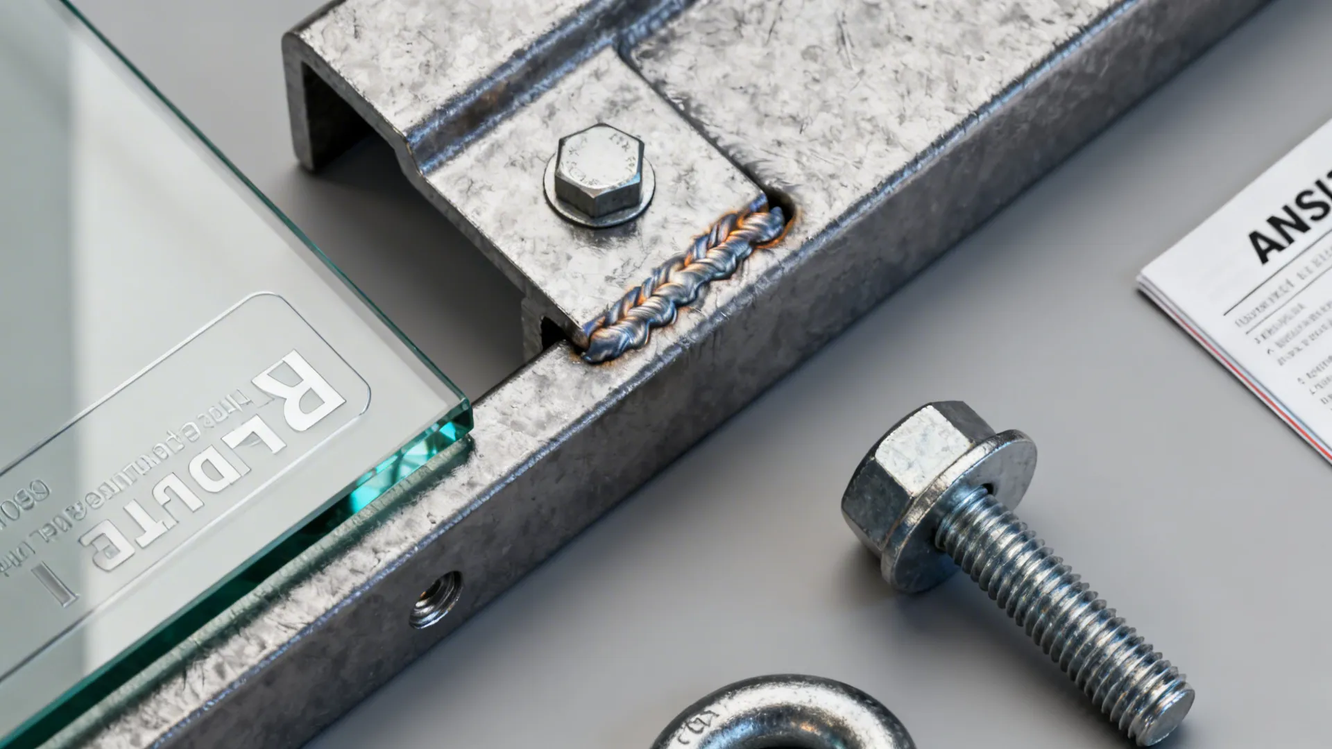 Close-up of tempered glass edge, mounting bracket, anchors, and an ANSI guideline booklet