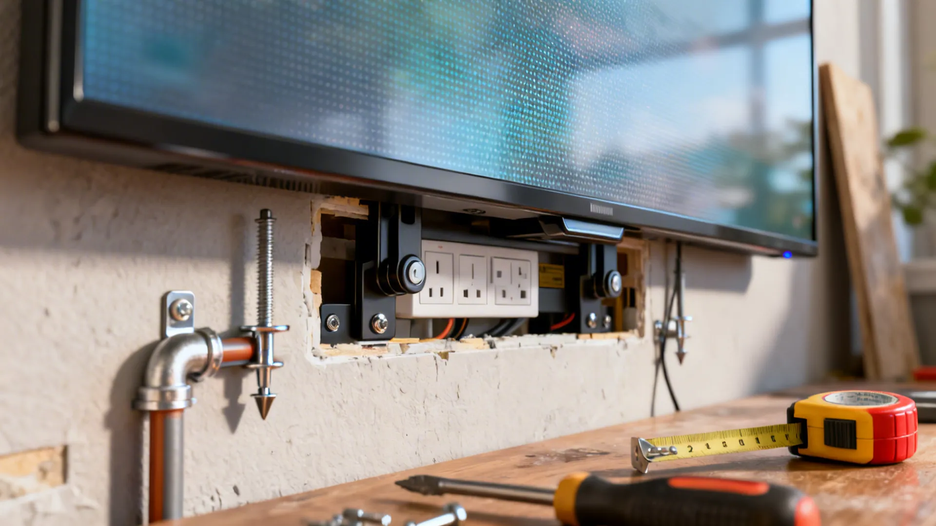 Close up of wall mounted television installation showing power outlets, a screwdriver, and tape measure