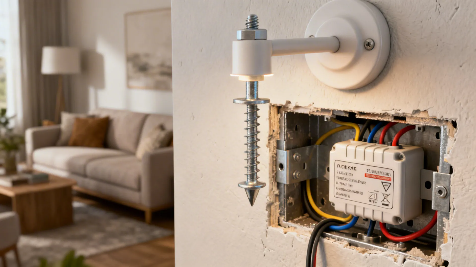Close-up of drywall anchor, stud reinforcement and LED driver for corner sconce installation