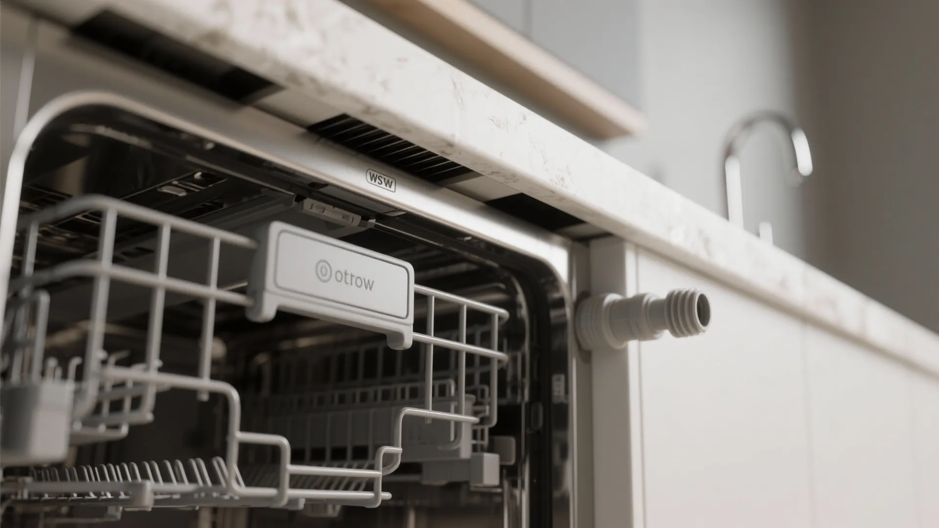 Close up showing dishwasher interior rack and water pipe connection under a white marble countertop