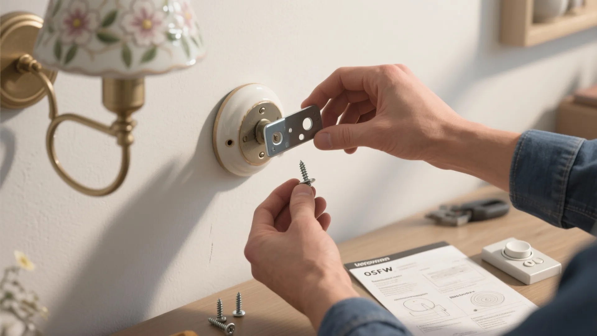 Hands installing a floral sconce with anchors and dimmer components nearby