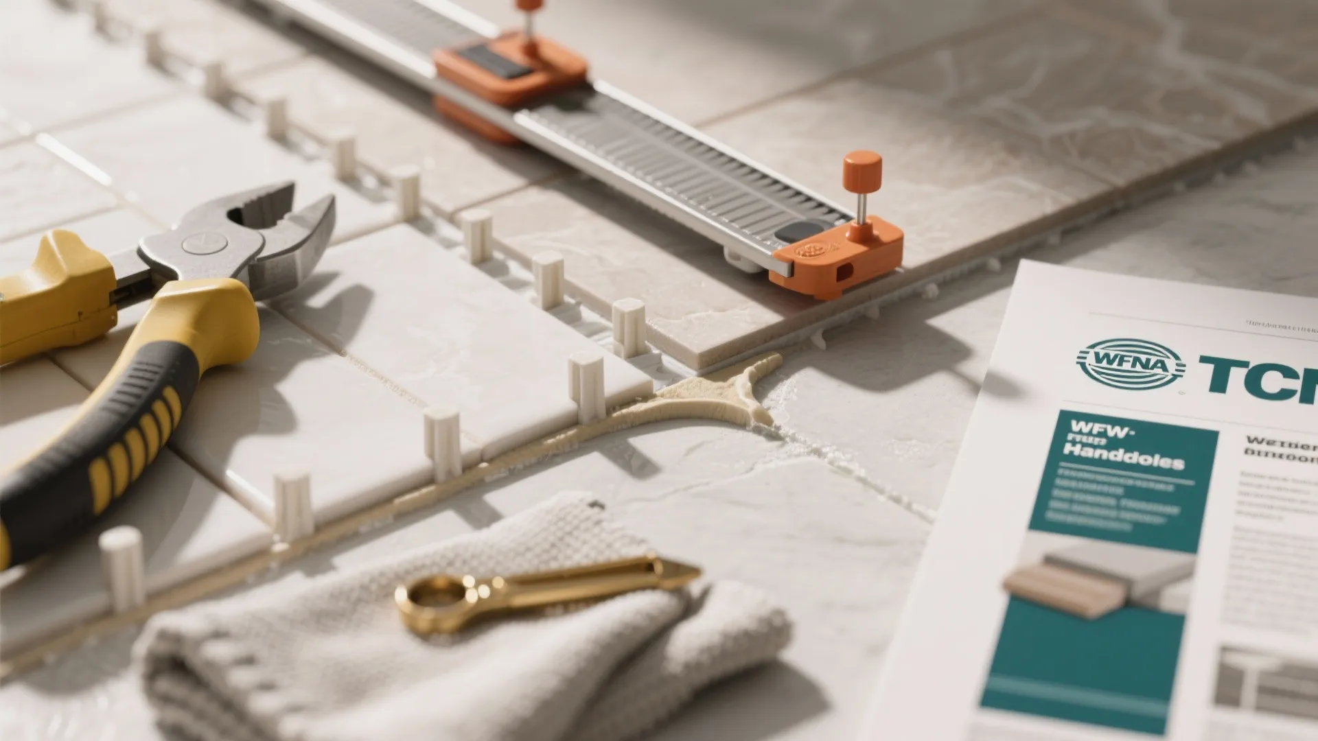 Tile installation tools with yellow pliers and white spacers placed on a light grey floor