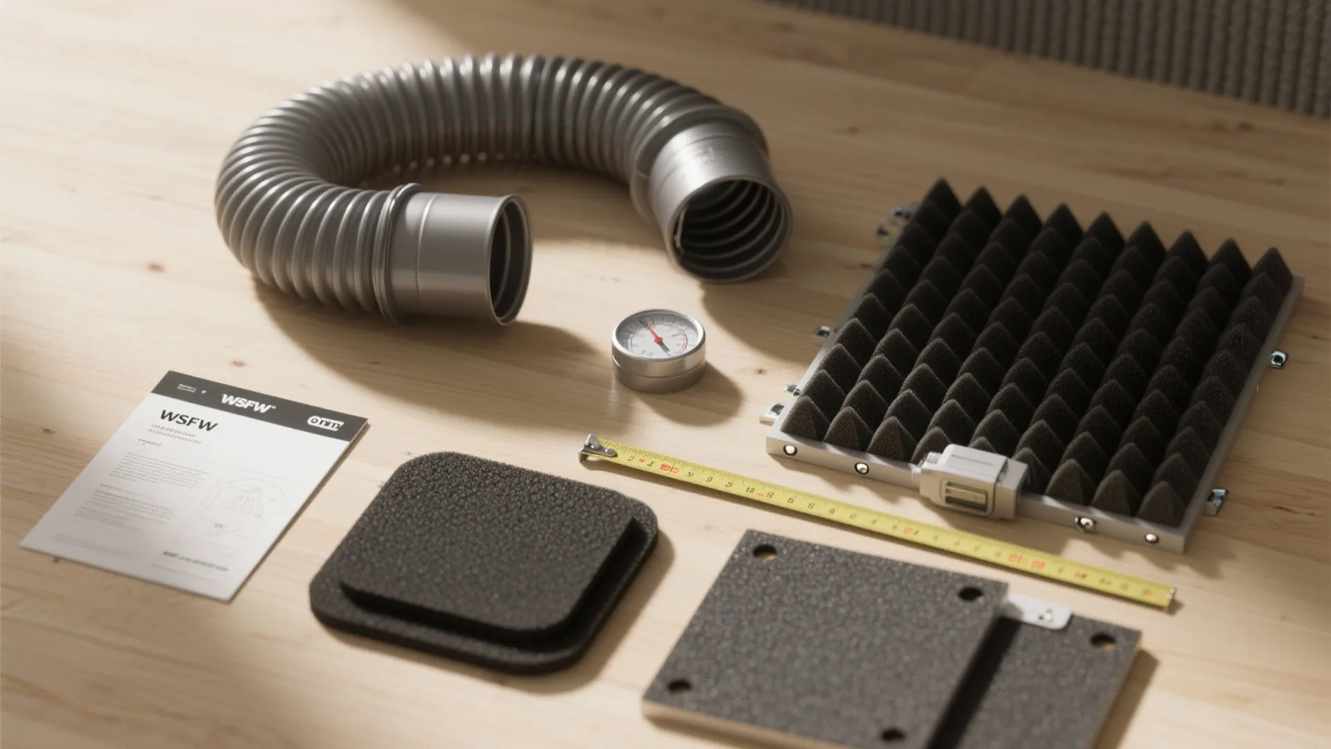 Flatlay of installation items: flexible ducting, vibration pads, sound-damping panels, removable panel, tape measure and hygrometer.