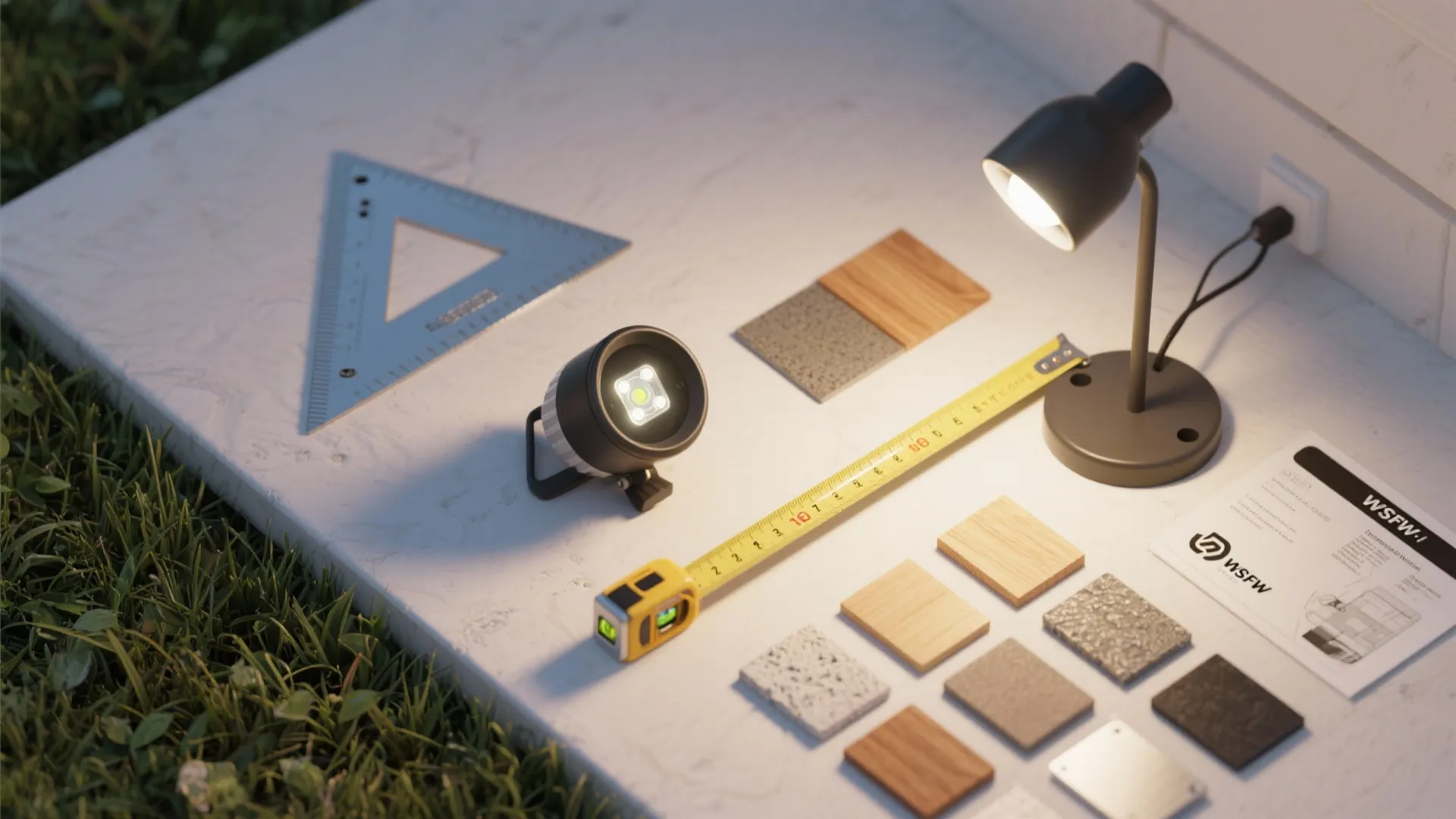 Material samples arranged on a stone surface with measuring tape a small lamp and ruler