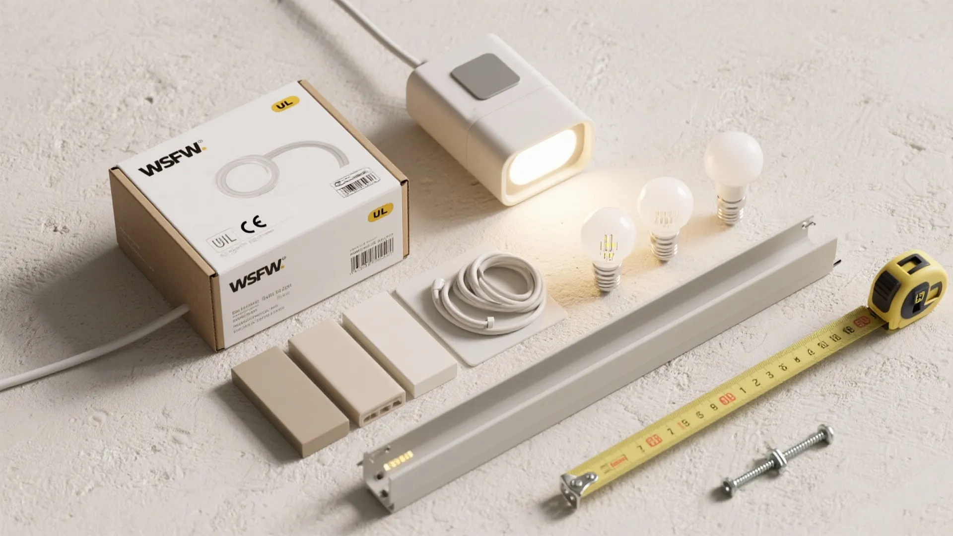 Flatlay of plug-in lamp installation items: cord covers, dimmable LED bulbs, mounting hardware and safety labels.