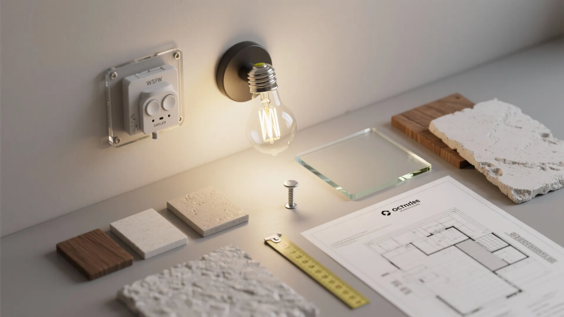 Top-down flatlay of bulbs, dimmer, anchors, and material swatches for glass sconce planning.