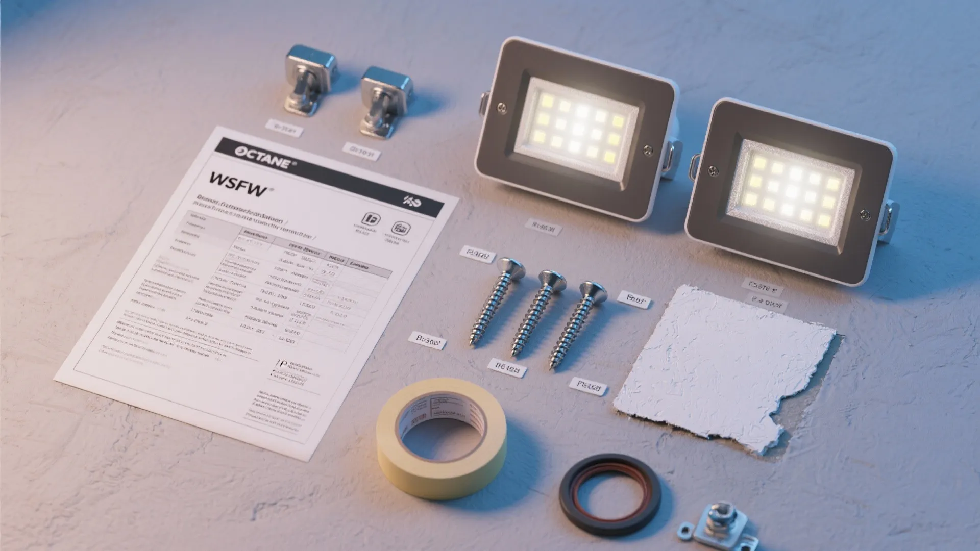 Flatlay of wall pack installation items including labeled screws, spec sheet, and sealing materials.