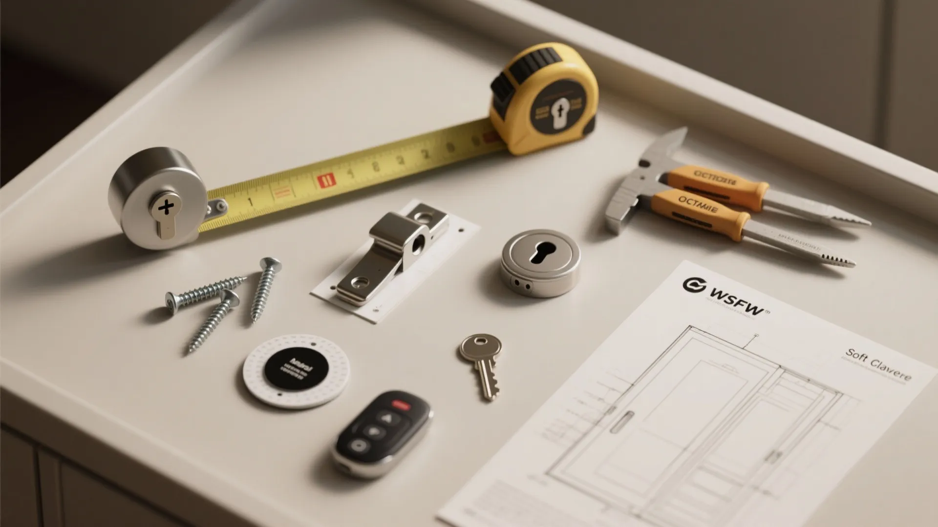 Hardware tools including tape measure screws key and instructions on a white surface for cabinet assembly