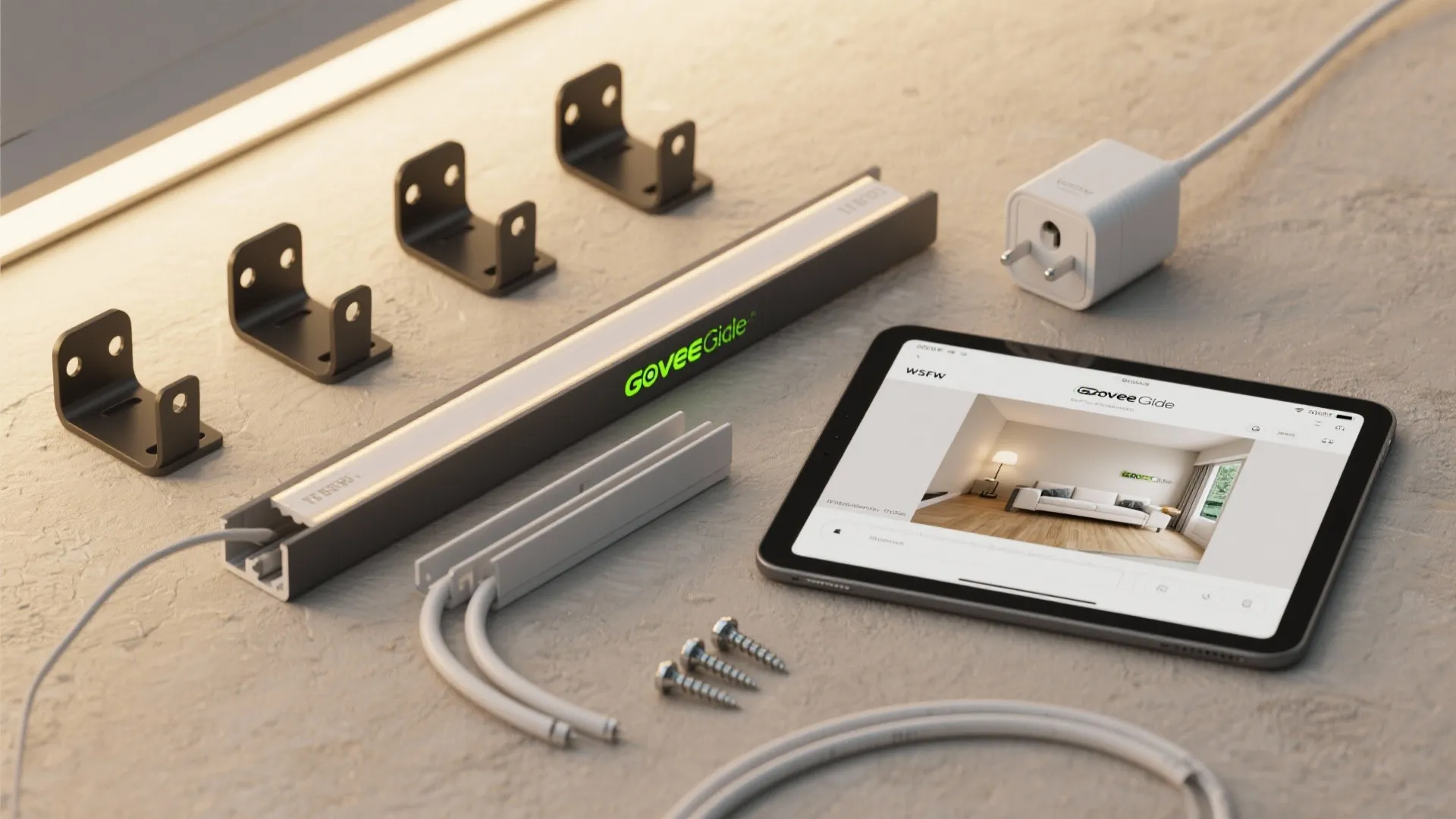 Flatlay of mounts, cable channels, smart plug and a tablet with a 3D room planner for Glide installs.