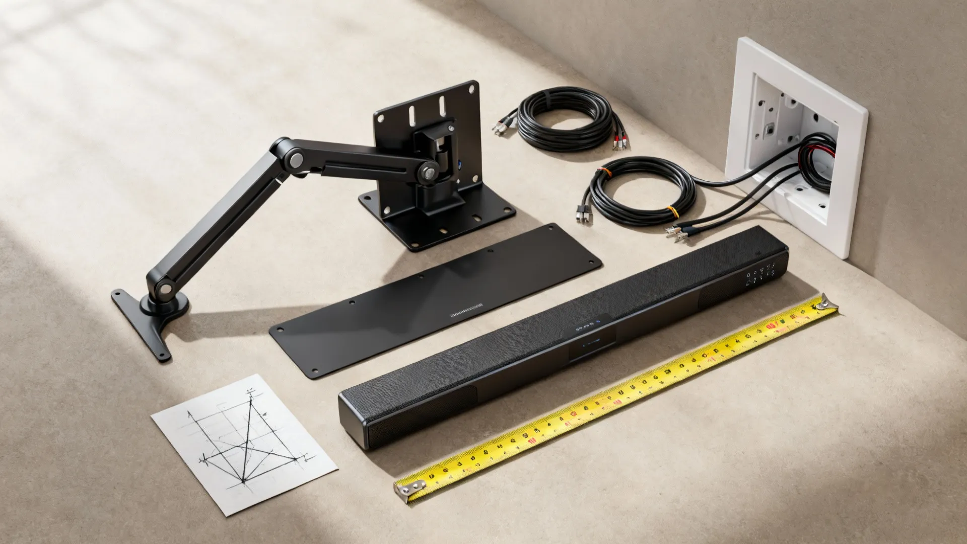 TV wall mount parts black soundbar measuring tape and cables placed on a flat floor