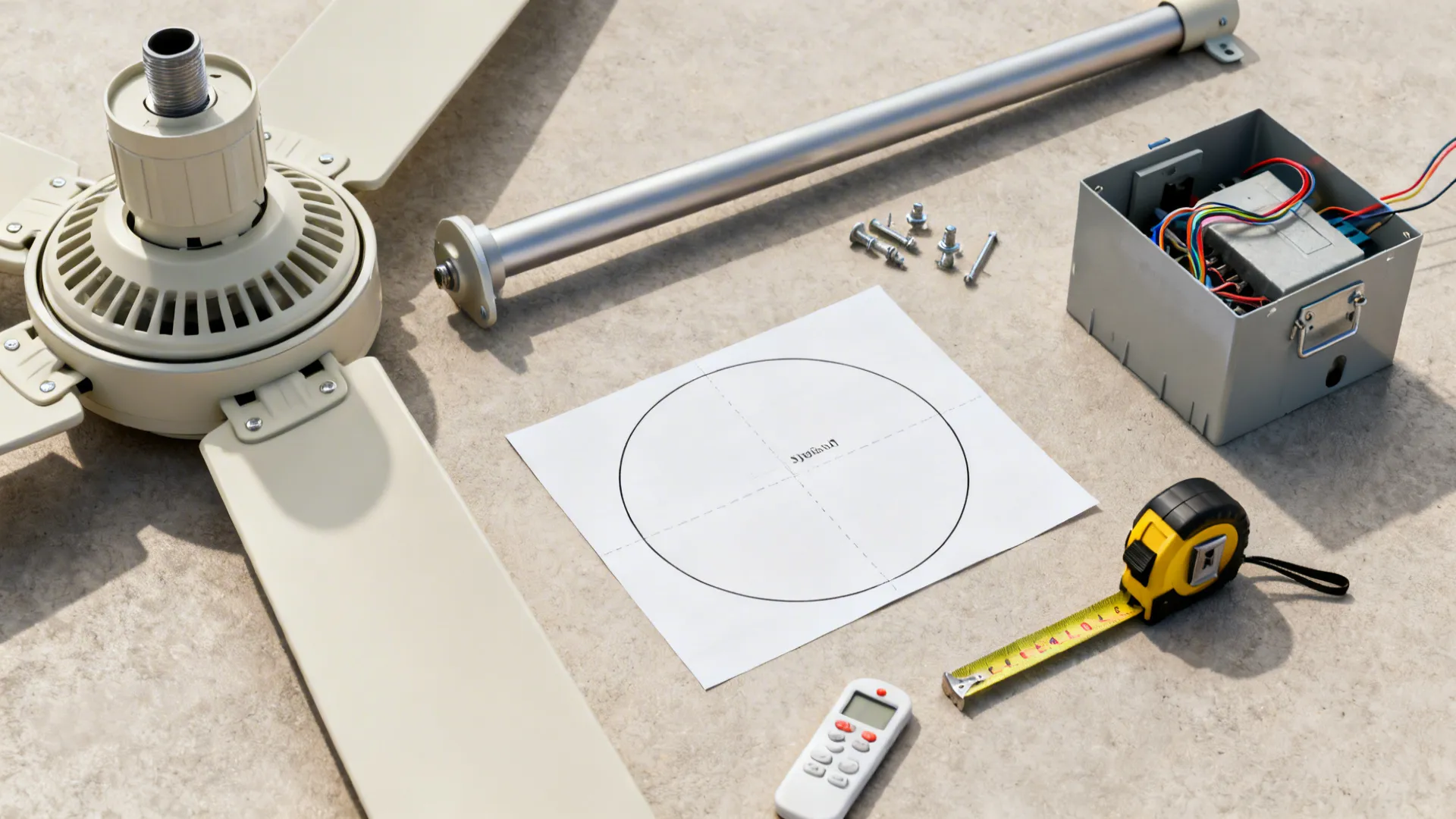 Flatlay of ceiling fan installation tools, canopy, downrod, and a paper blade template.
