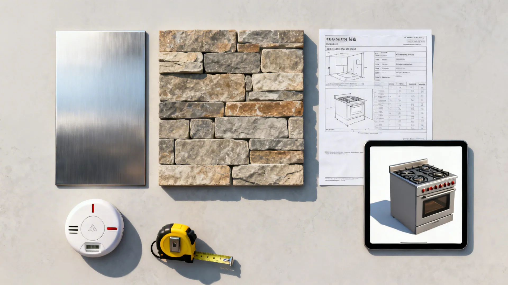 Flatlay of stainless panel, stone veneer sample, CO detector, tape measure and 3D planner tablet for stove installation.