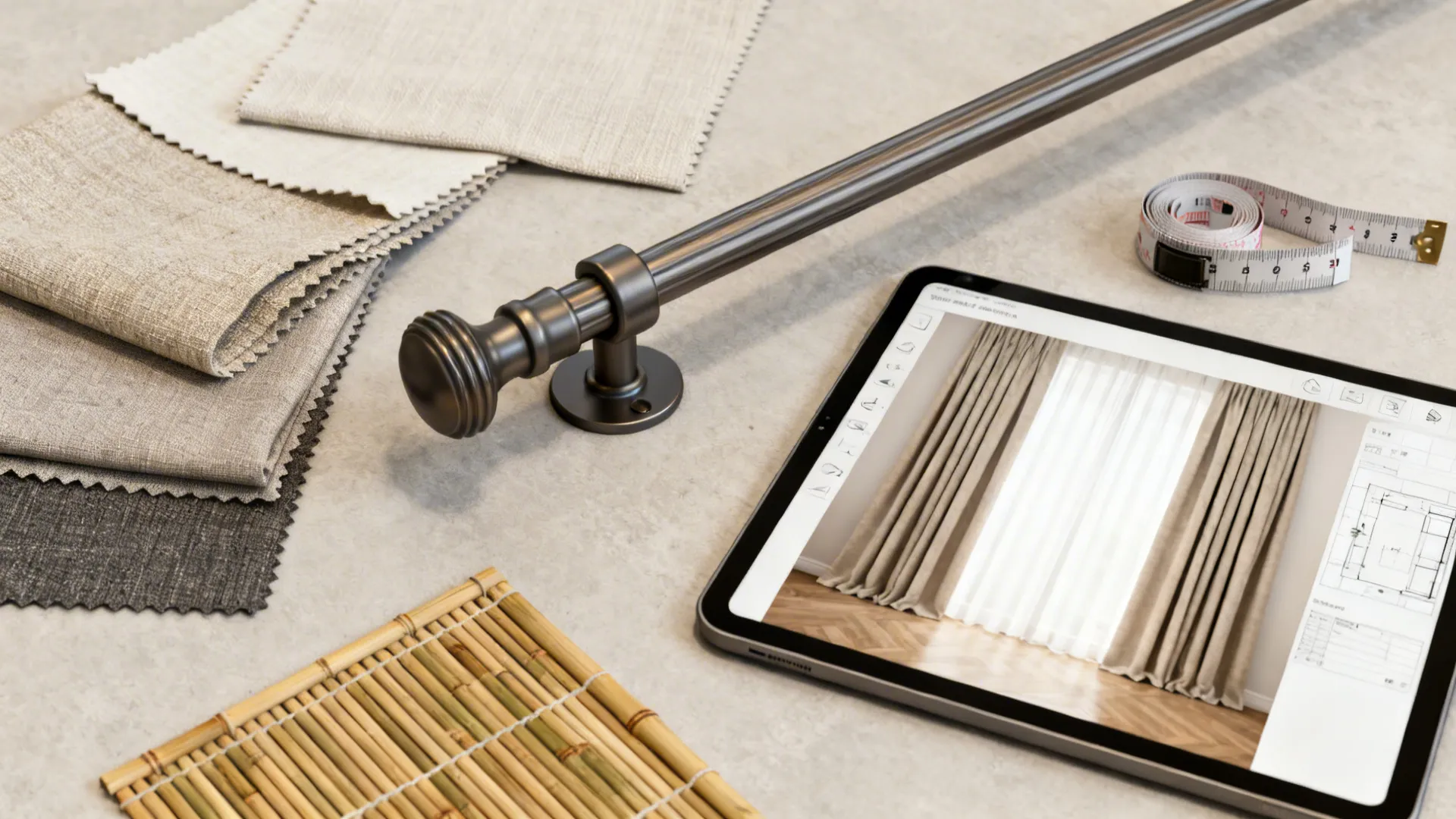 Flatlay with fabric samples metal curtain rod measuring tape and tablet showing professional home curtains