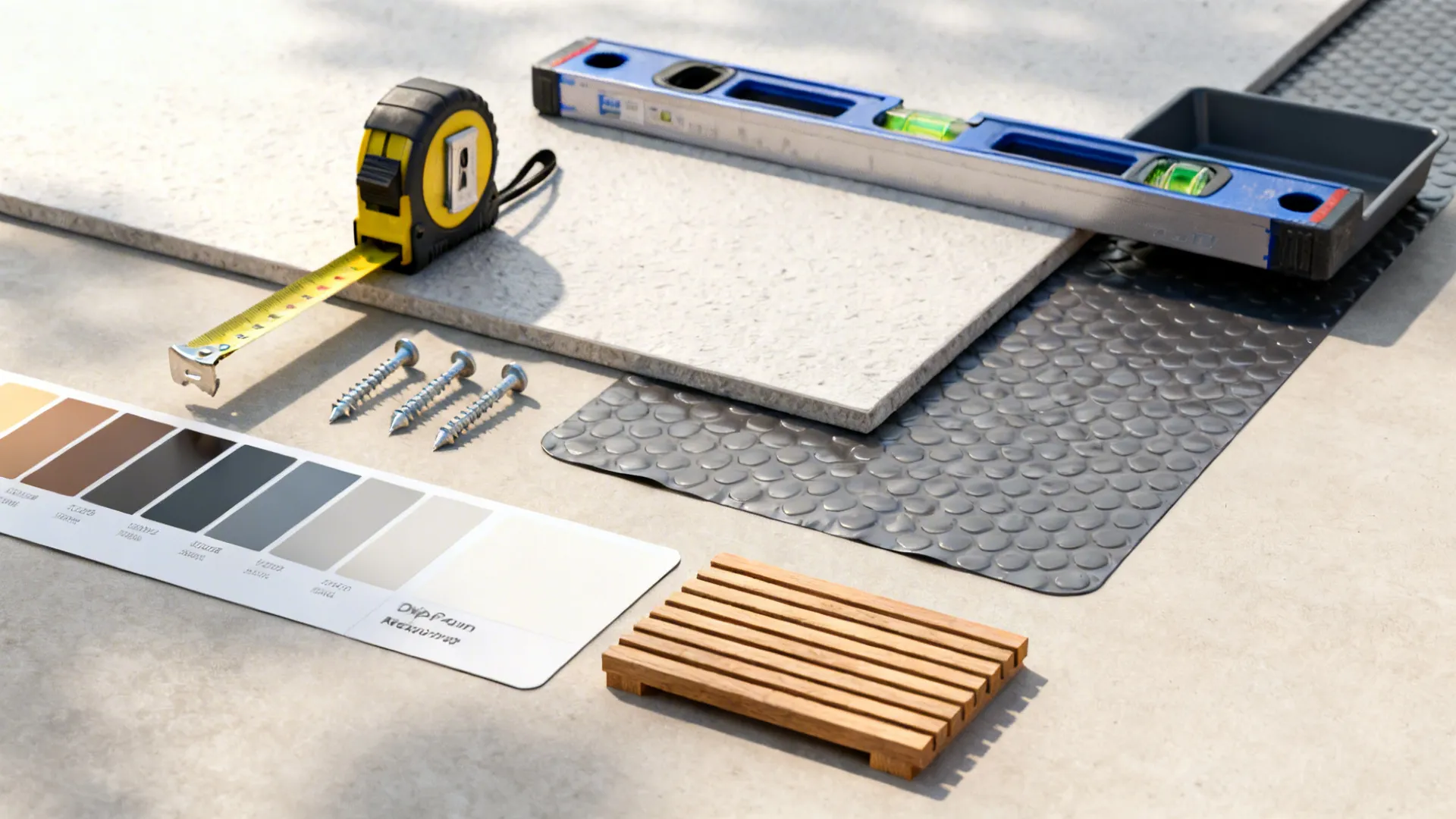 Home renovation tools with tape measure level tool screws color palette and a floor tile