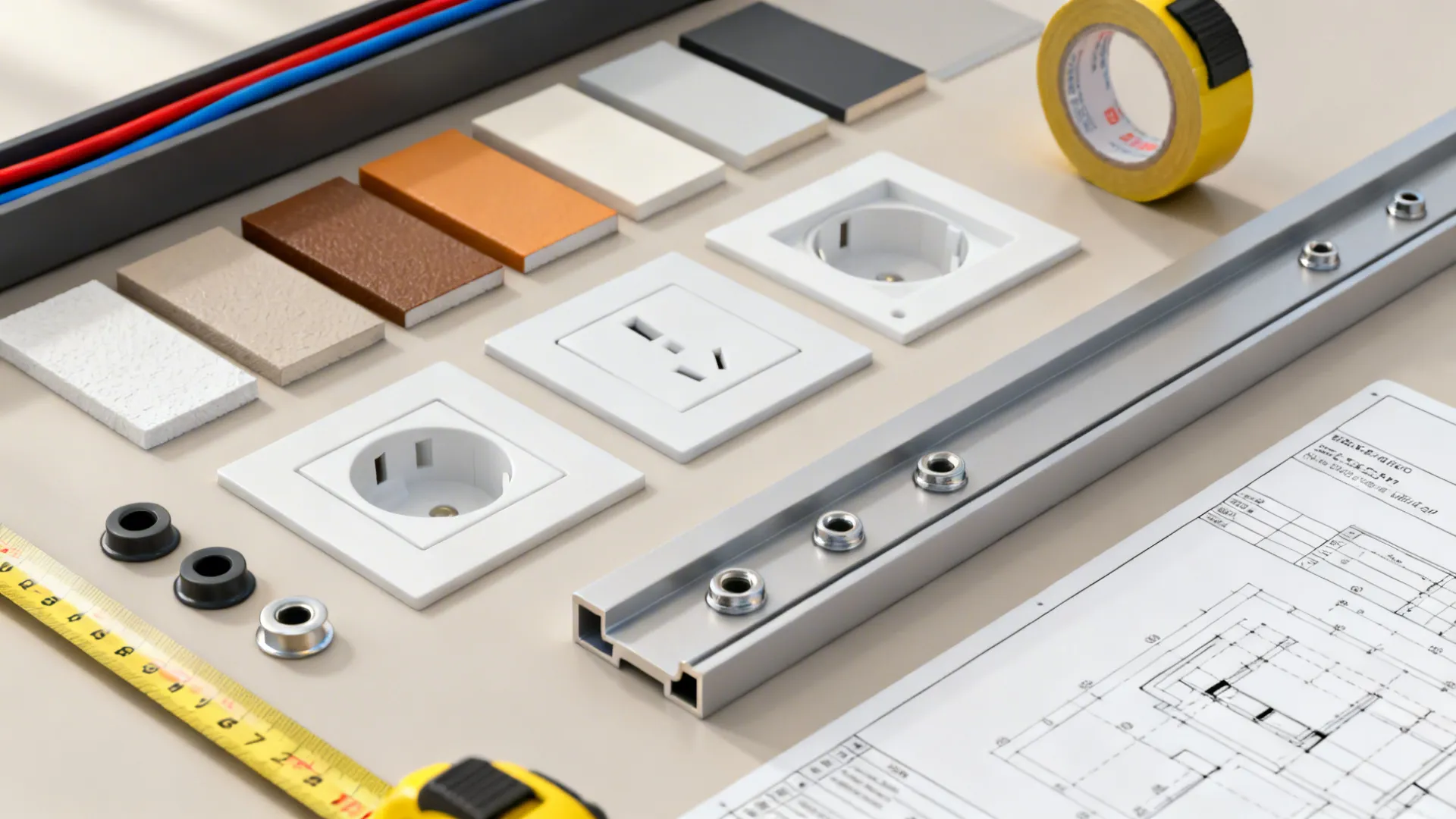 Flatlay of tools and materials for planning a hidden TV cable installation