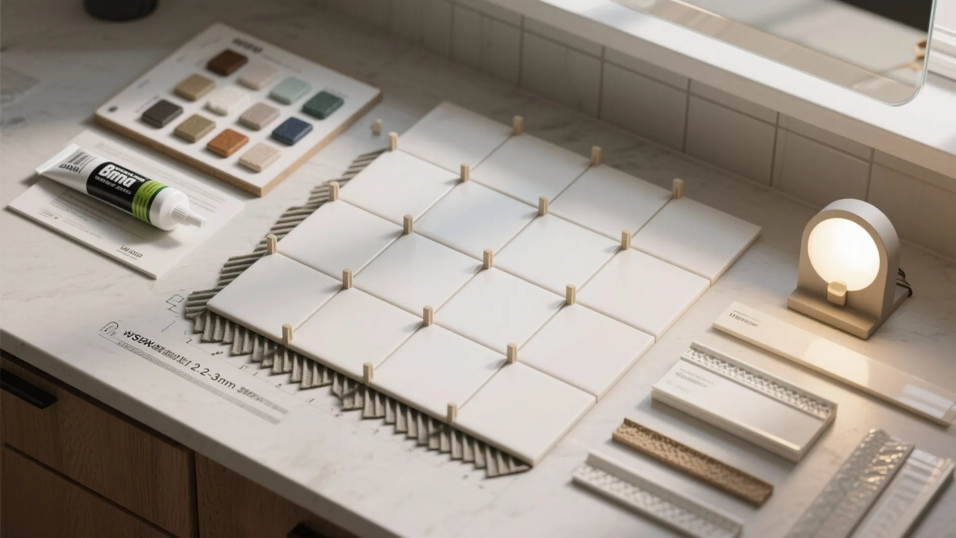 White square floor tiles laid out on a marble table with adhesive glue and spacers