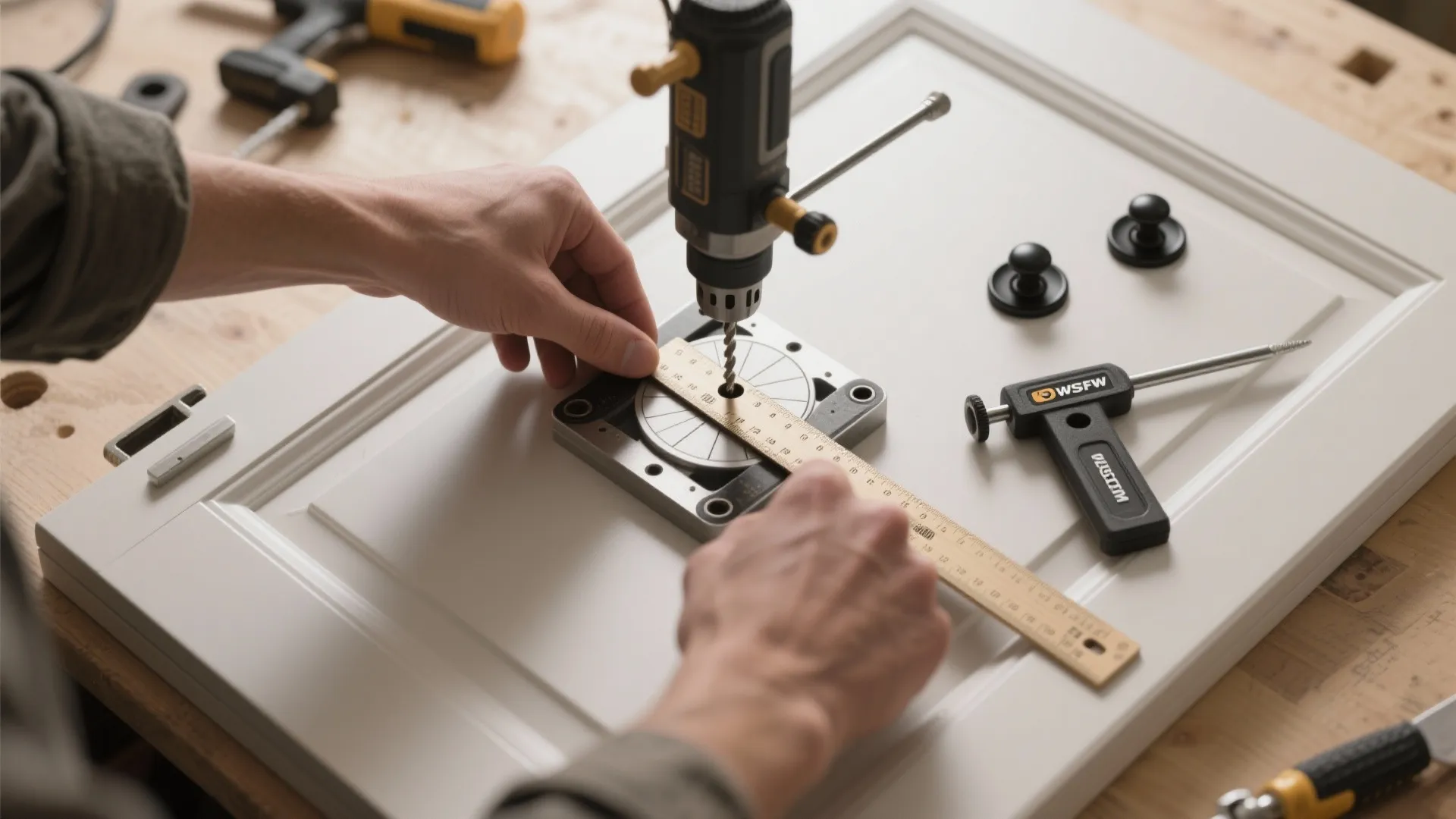 Person using a power drill and ruler to install metal hardware on a white cabinet