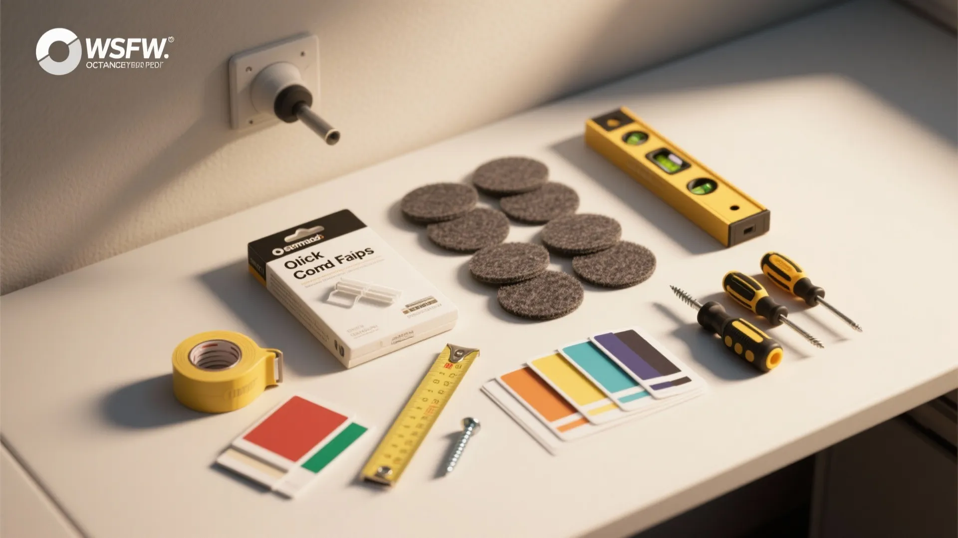 Home repair tools including a level, yellow tape, screwdrivers, measuring tape, color cards, and hardware