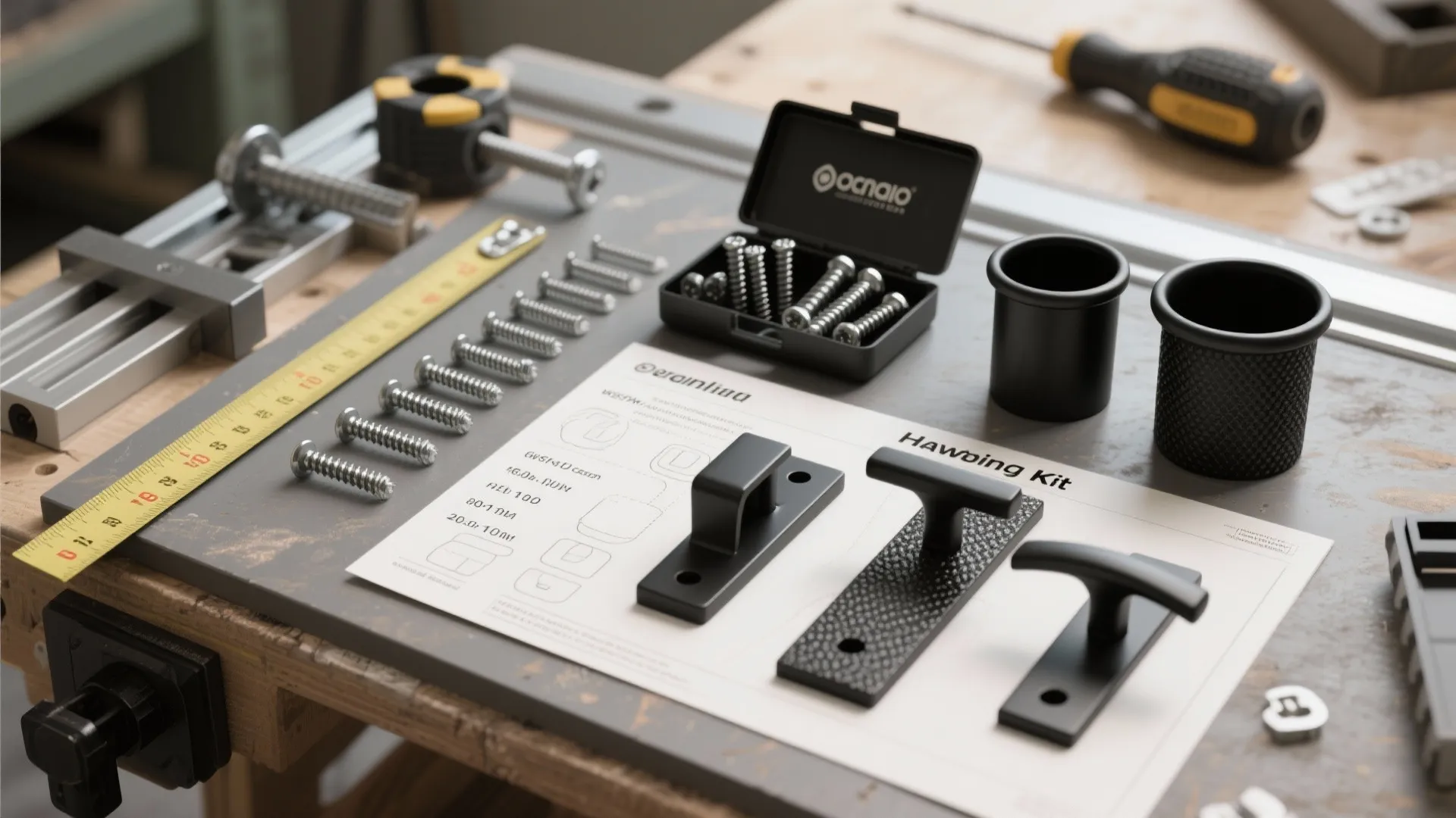 Hardware kit with screws, templates, and black pull samples on a workbench showing installation tools.