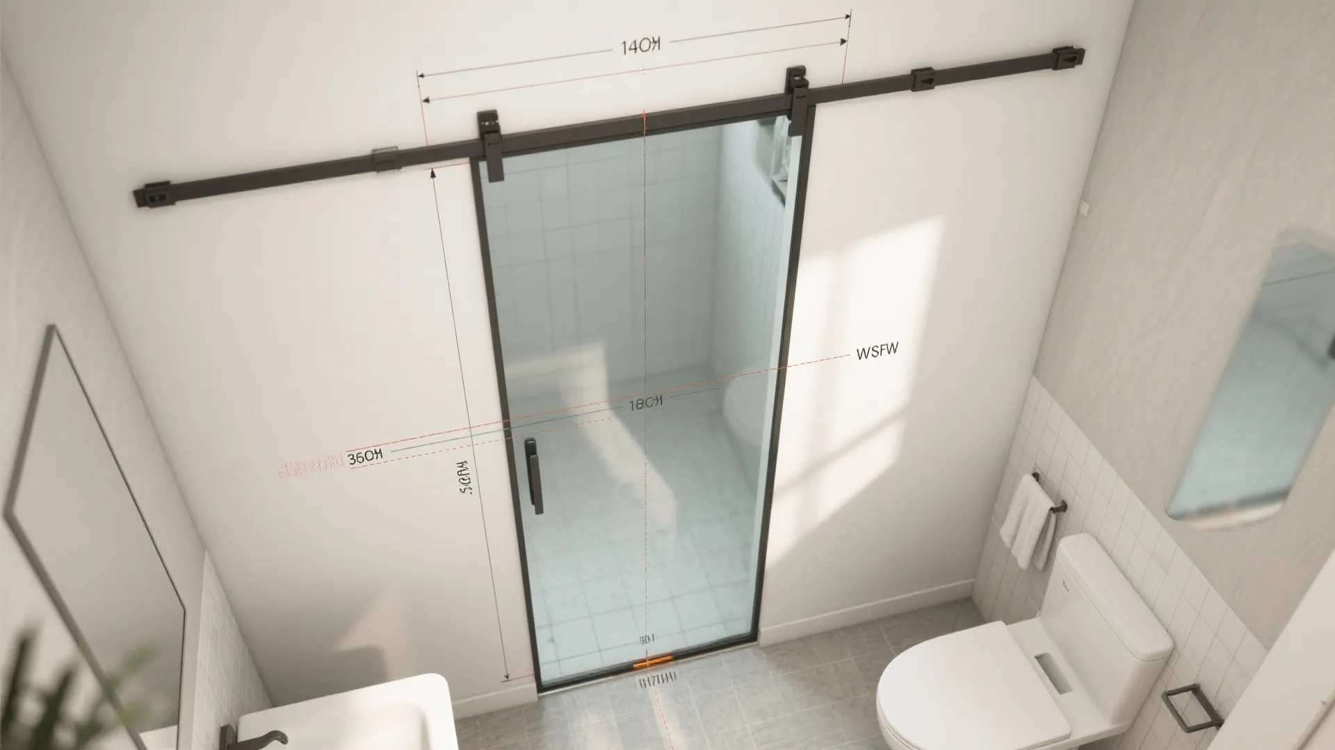 Top-down layout showing sightlines and measurements for glass barn door installation