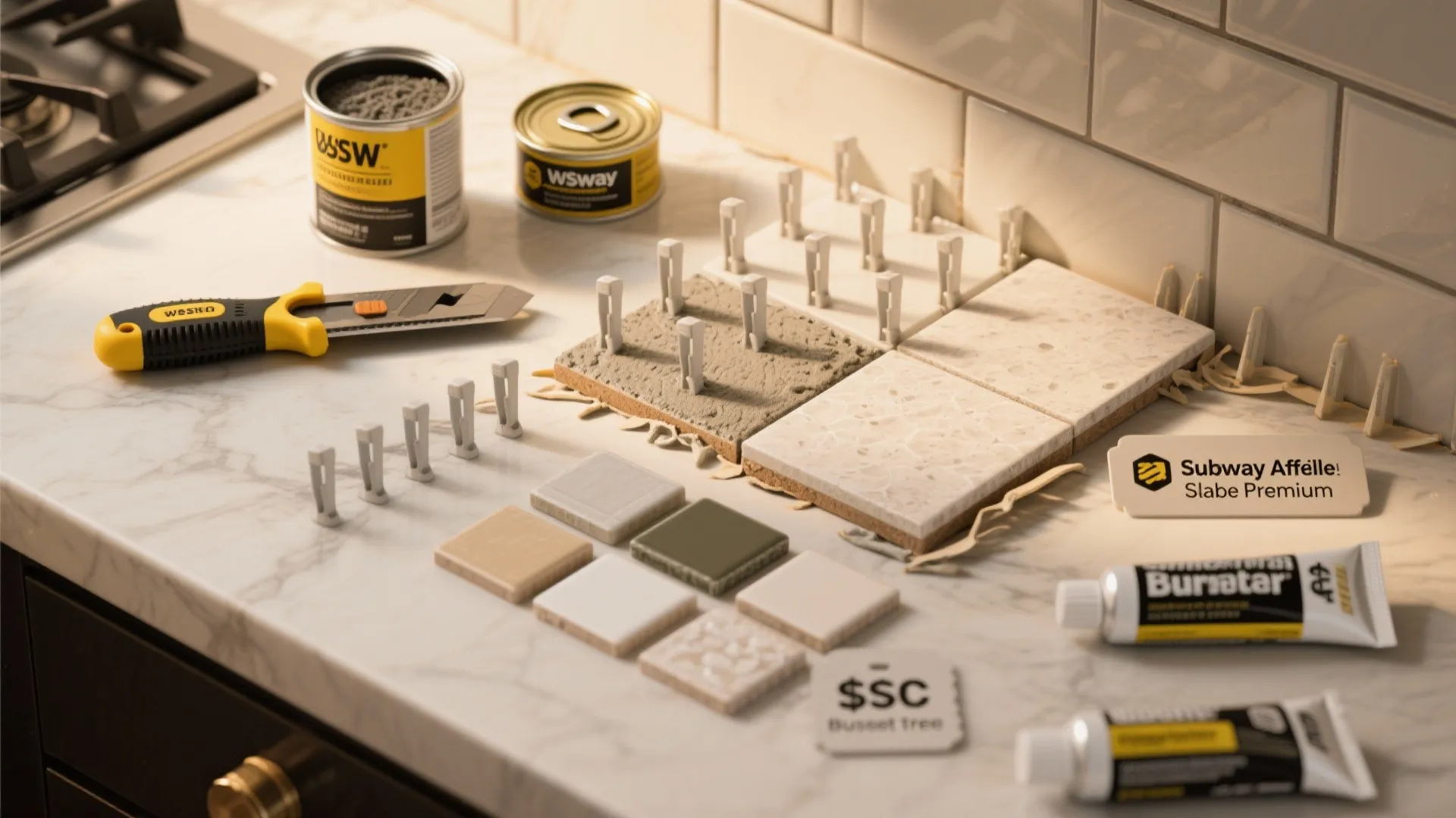 Flatlay of tile installation tools and material samples with budget indicators.