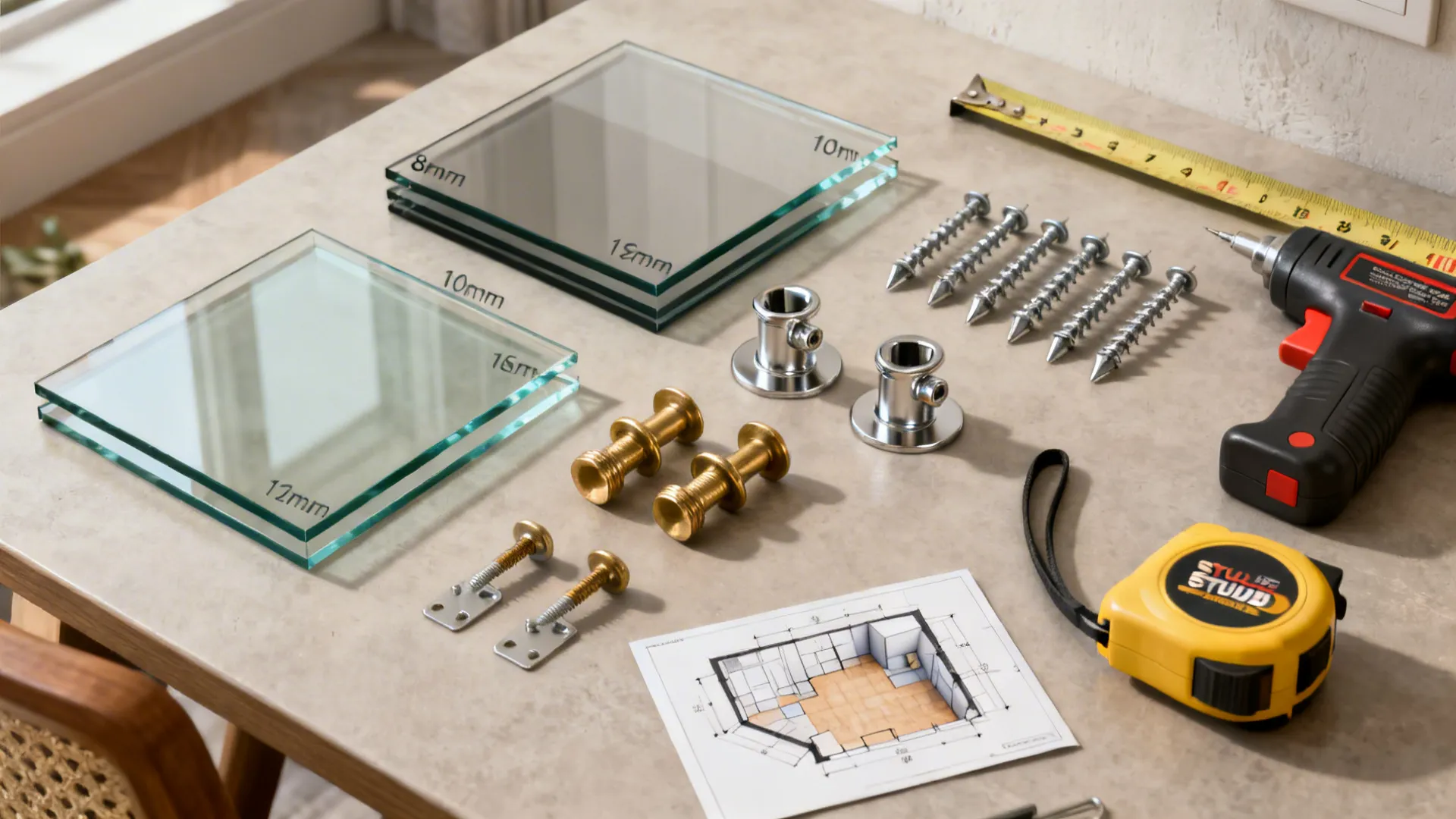 Top-down flatlay of tempered glass samples, fittings, anchors and tools for shelving installation.