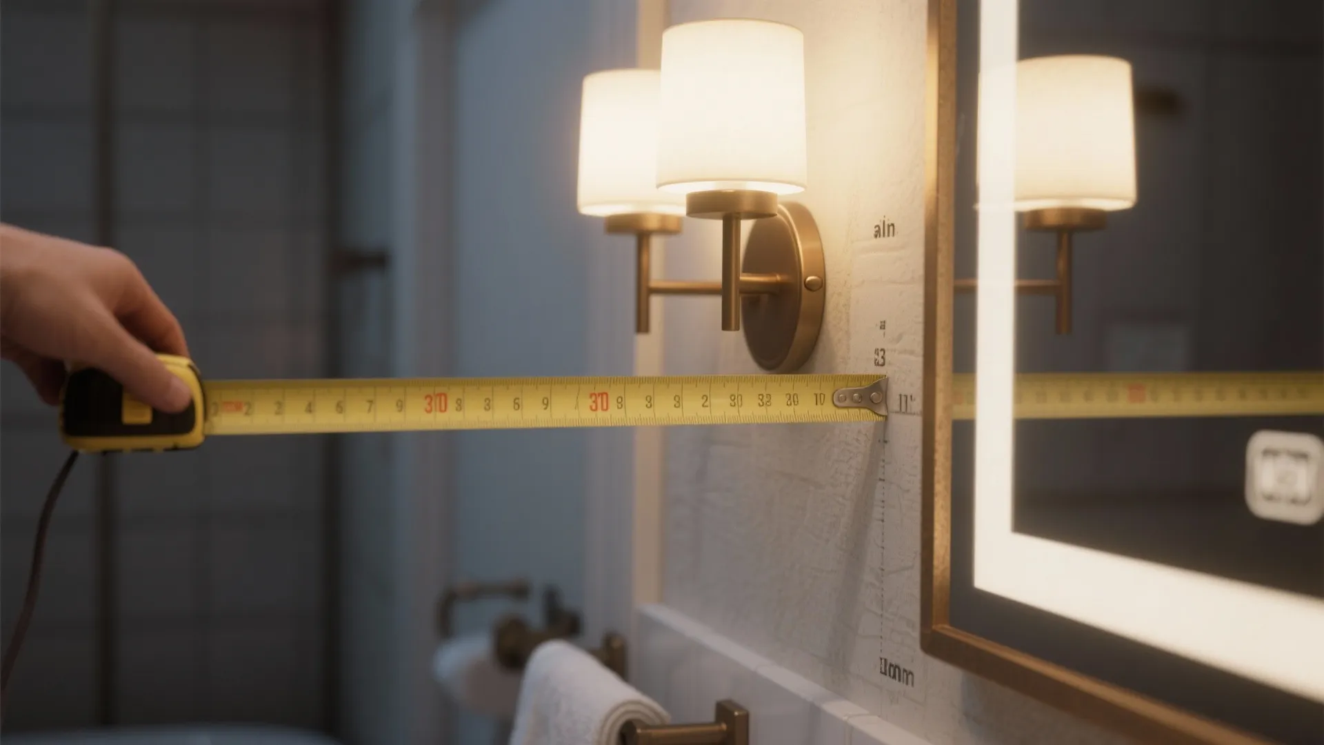 Measuring tape shows recommended sconce center height around 60–66 inches from the floor beside a bathroom mirror.
