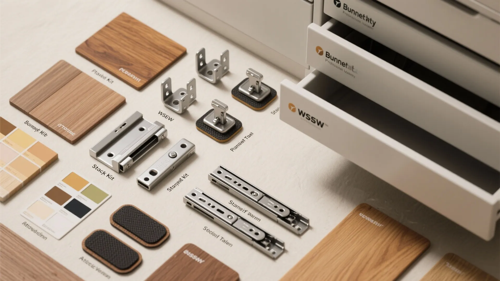 Collection of metal furniture hardware parts and wood material samples arranged on a white surface