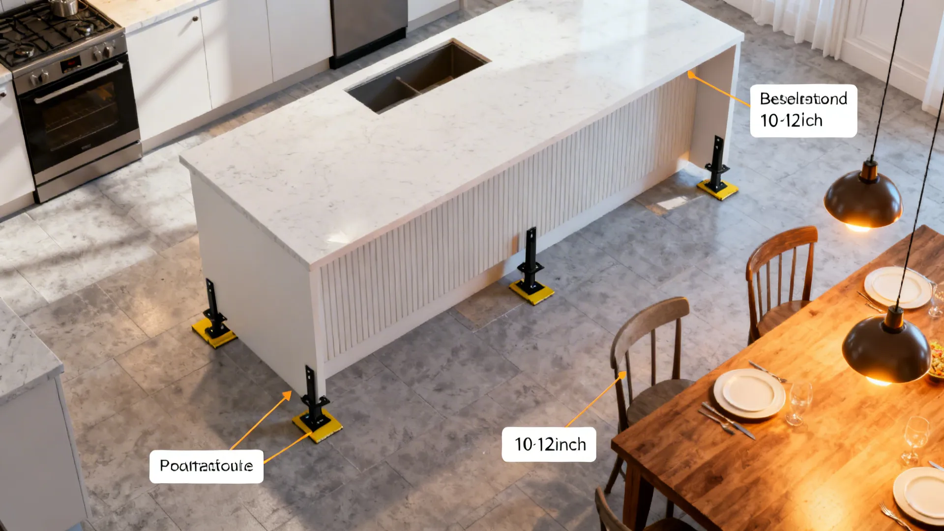 Top-down scene showing floor shims, concealed overhang brackets, and warm pendant lighting over the dining edge.