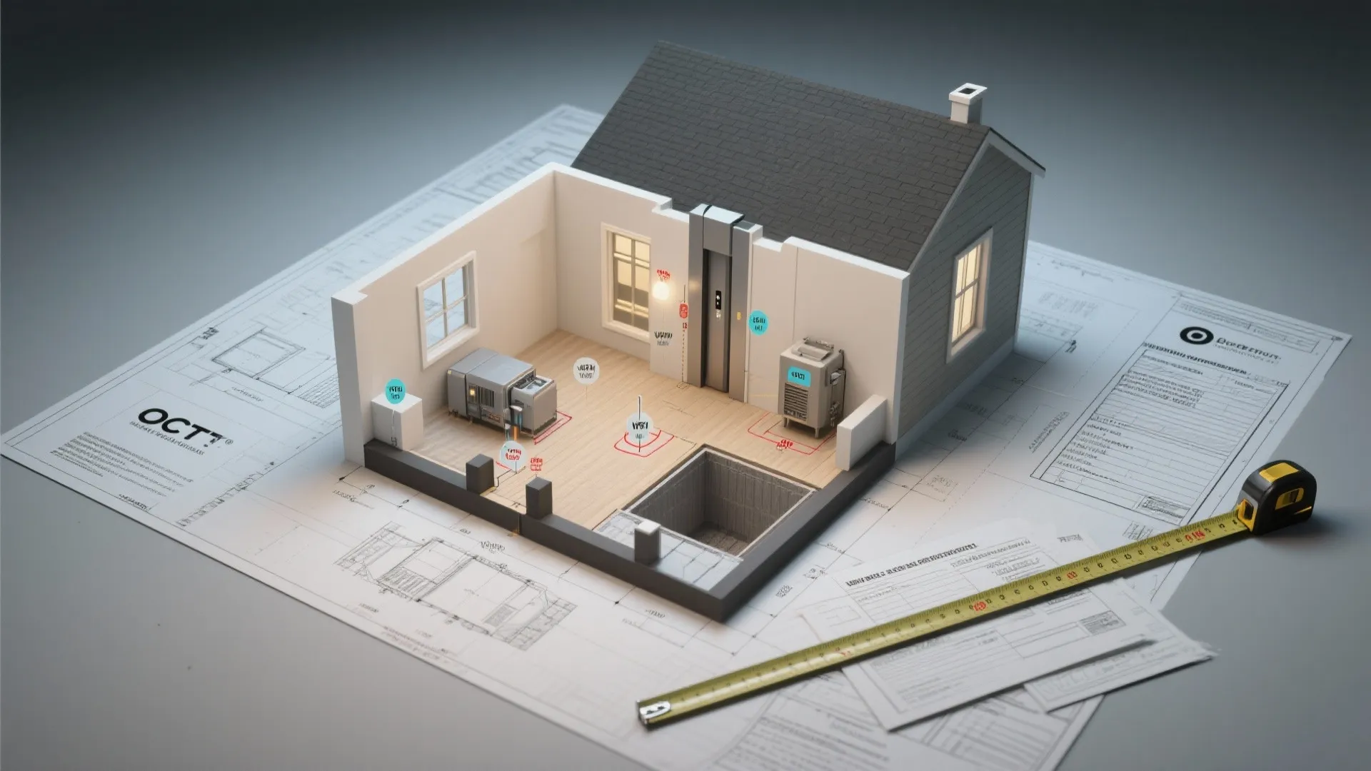 Top-down 3D floor plan with proposed elevator shaft locations, clearances, and permit forms.