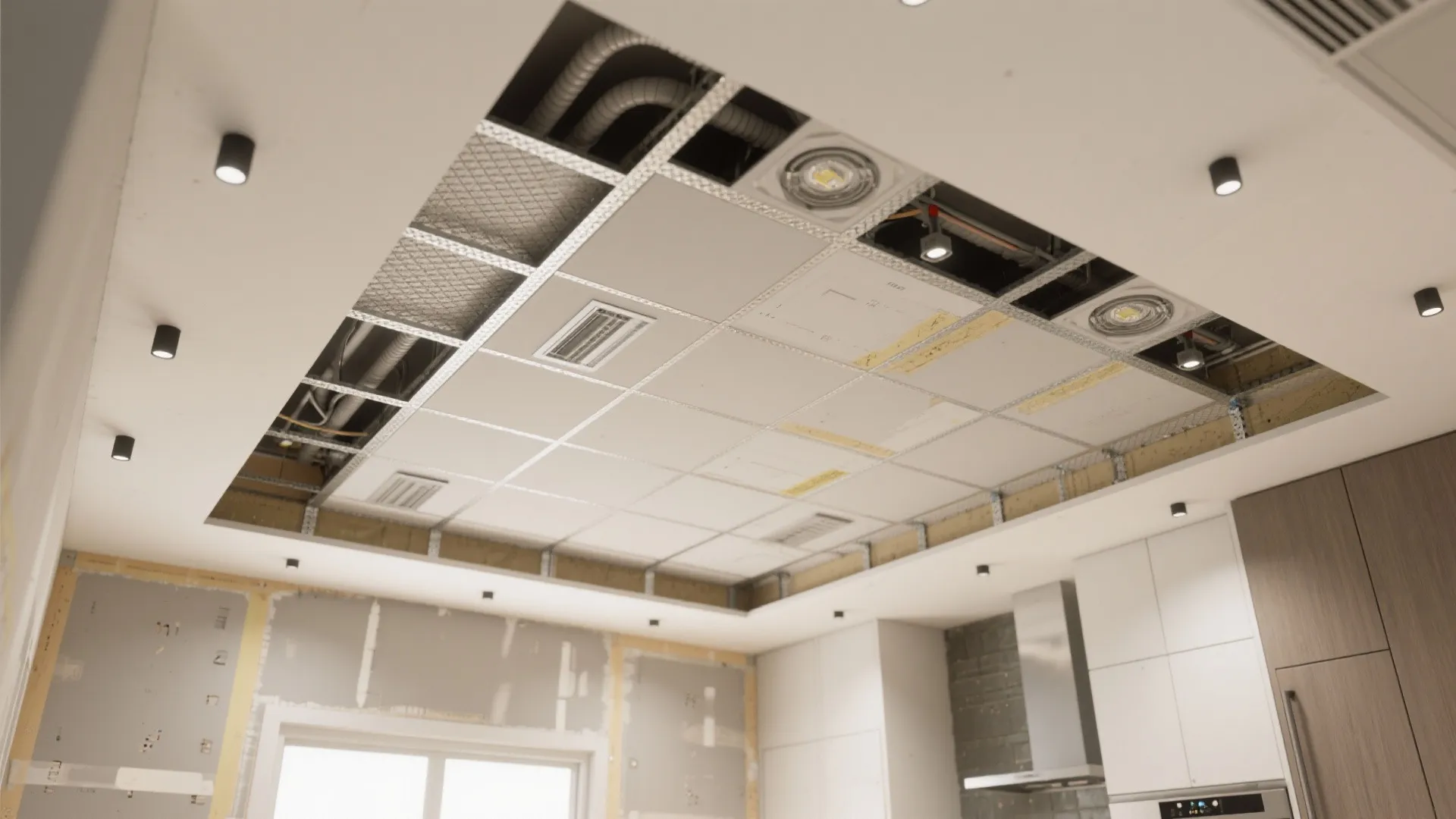 Top-down ceiling installation plan showing joints, access panels, and conduit routing in a square hall.