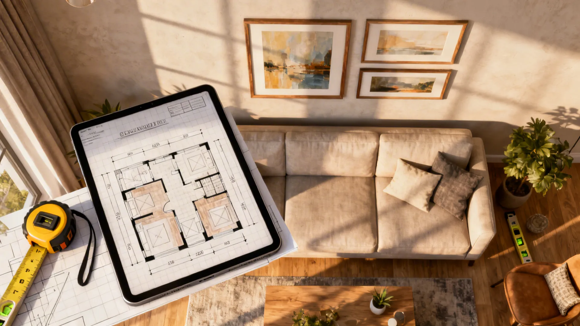 Top-down view of a room planning mockup showing measurements and hanging tips for oversized art.