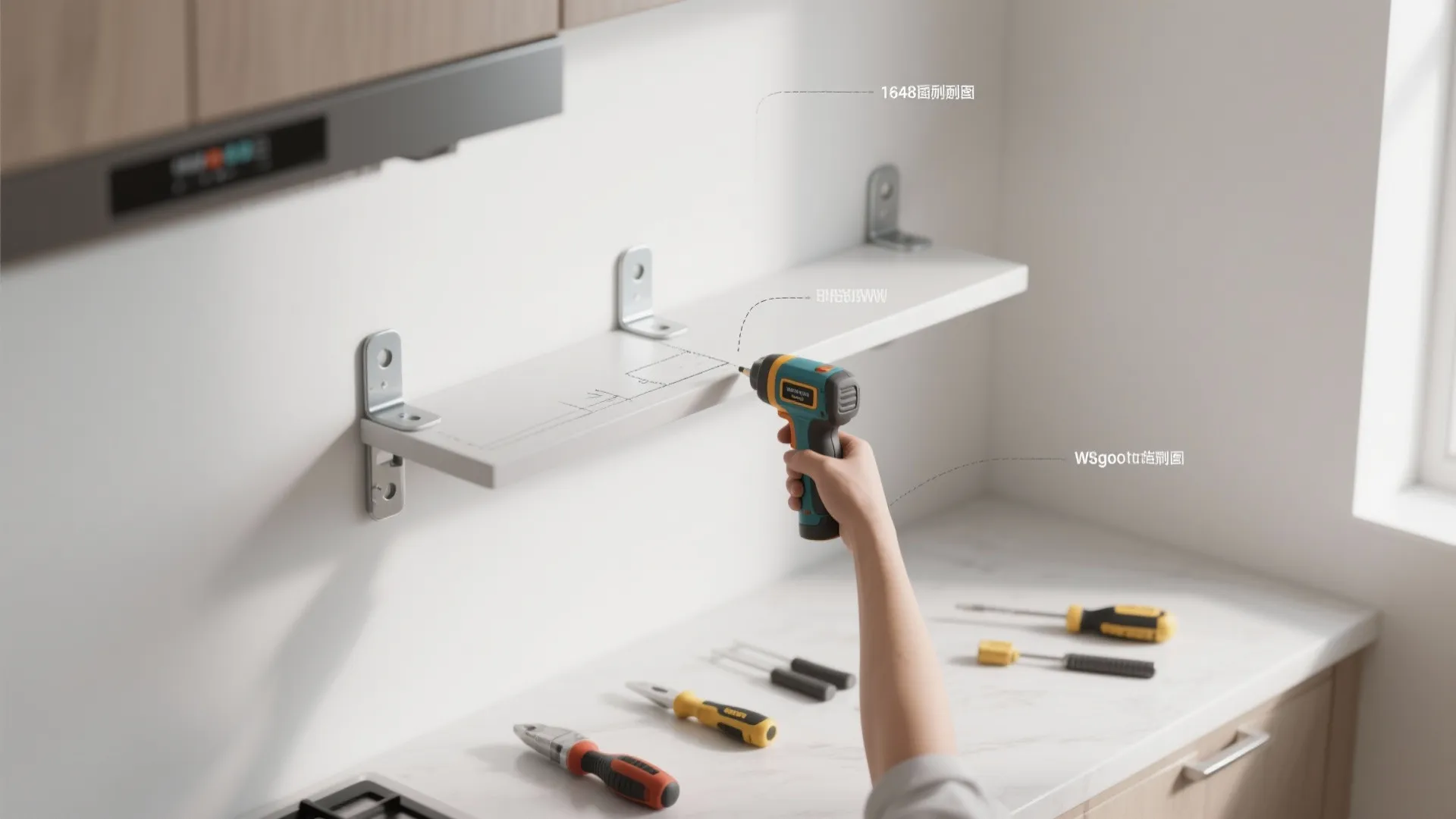 Top-down view of tools and steps for installing floating shelves in a white kitchen