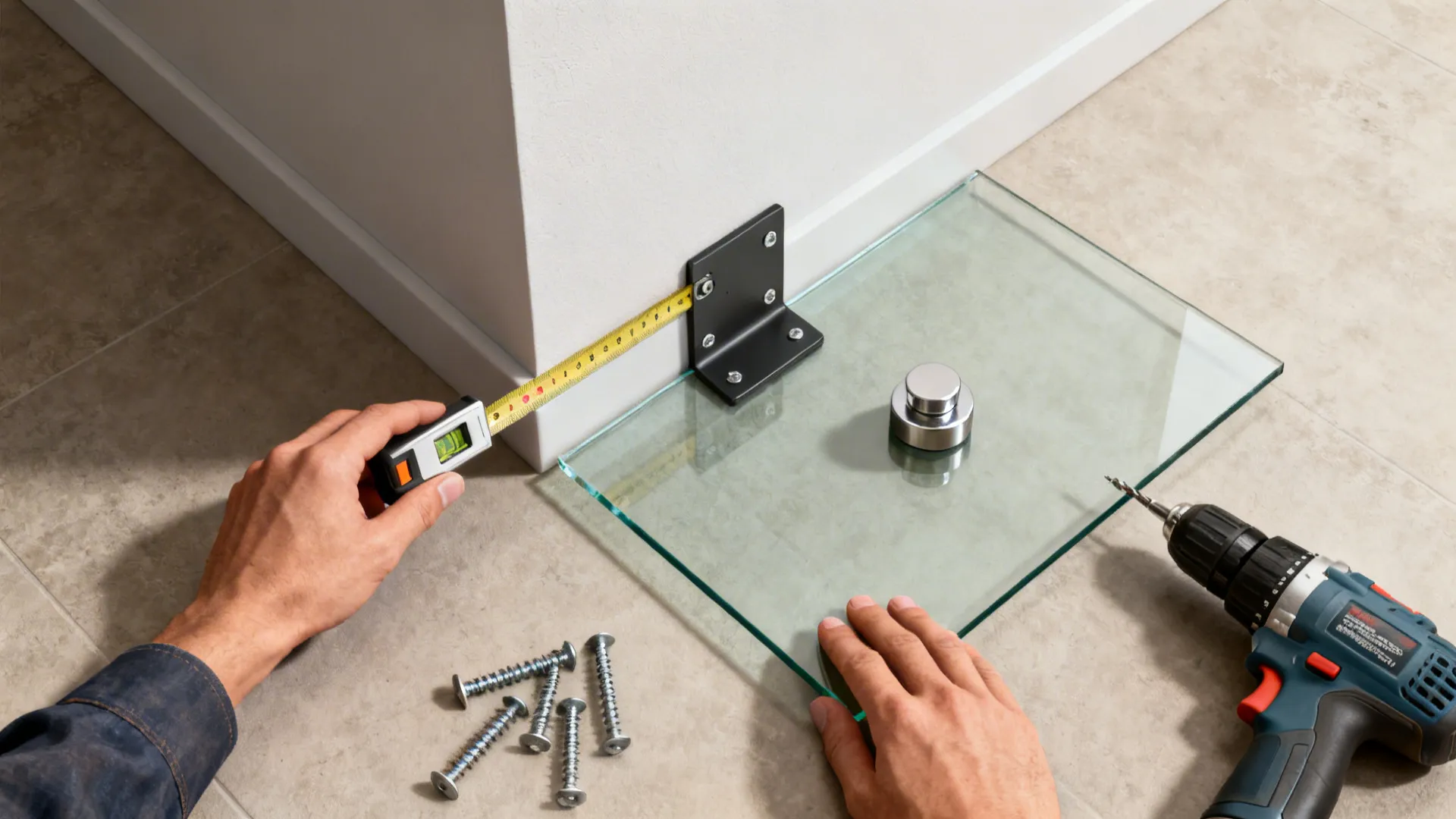 Top-down three-step installation scene for corner glass shelves showing measuring, mounting bracket and placing glass.