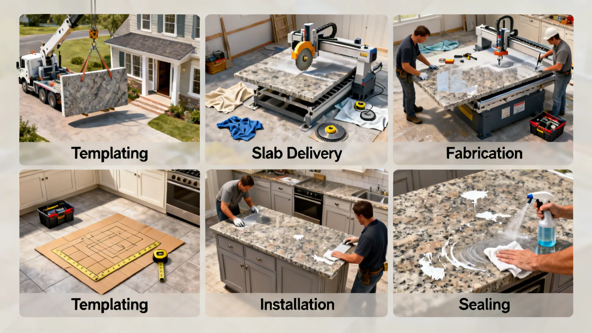 Top-down view illustrating stages of granite countertop installation from templating to sealing