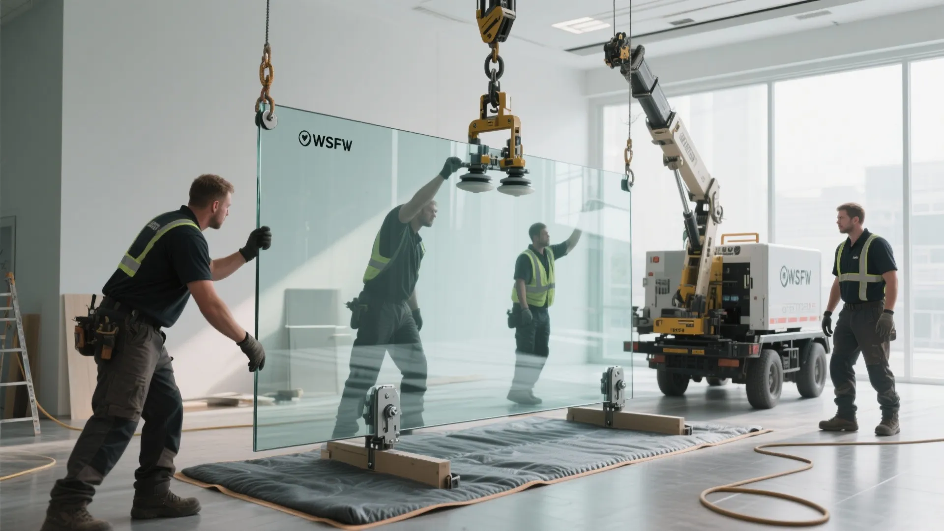 Workers using a heavy lifting machine to move a large glass panel in a bright room