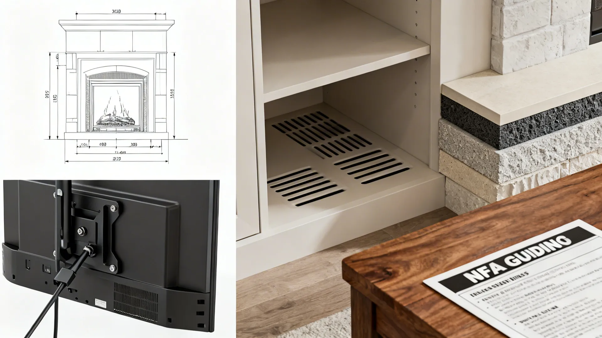 Close-up details of fireplace clearances, tilt mount, and heat-resistant materials for safe installation.
