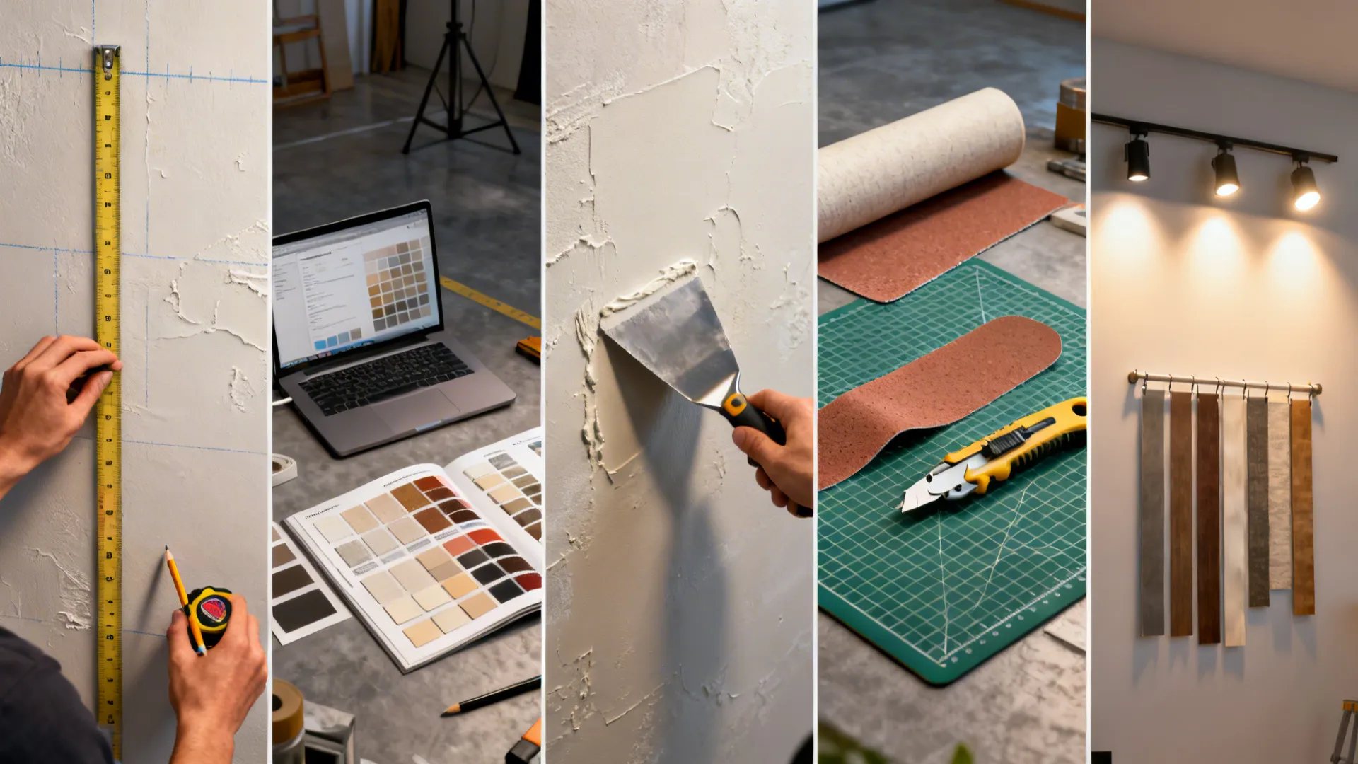 Top-down sequence of steps for planning and installing an accent wallpaper wall.