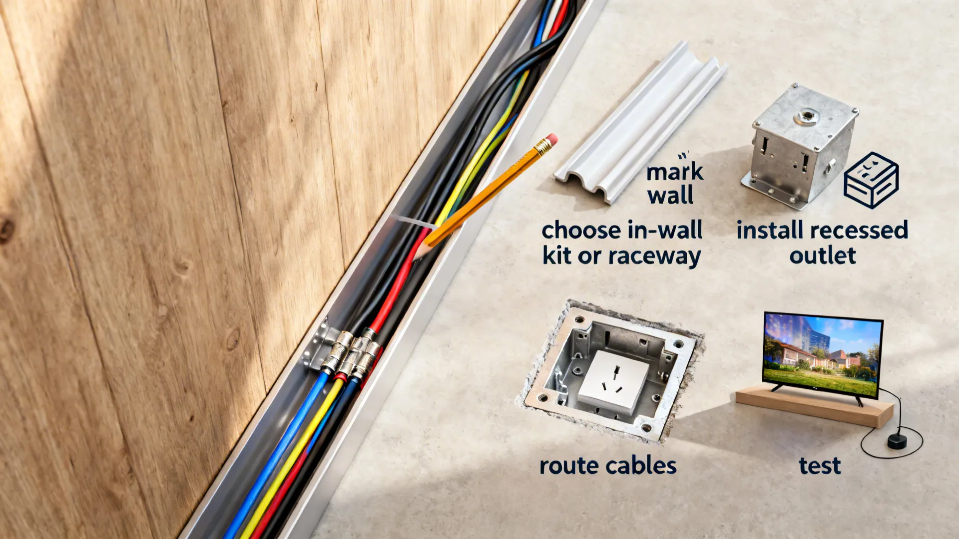 Top-down layout illustrating step-by-step process for hiding TV cables using kits and raceways
