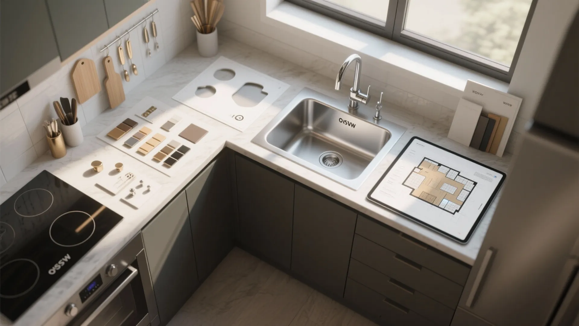 Top-down view of sink cutout templates, finish samples and a room planner on a tablet.