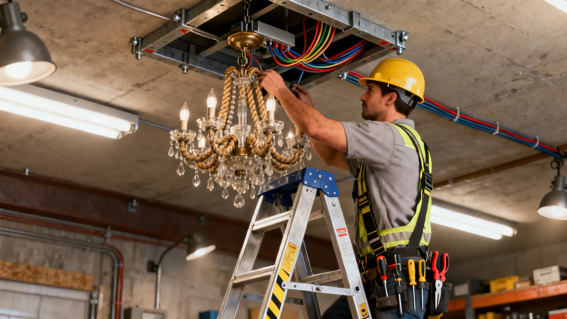 Electrician installing a heavy chandelier with reinforced ceiling support and professional ladder.