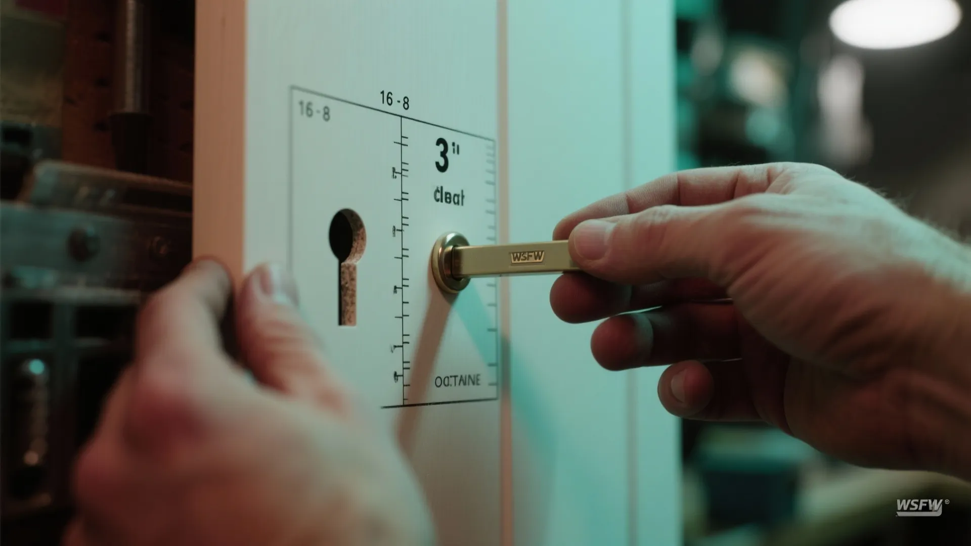 A person using a paper template to mark a hole for installing a cabinet handle