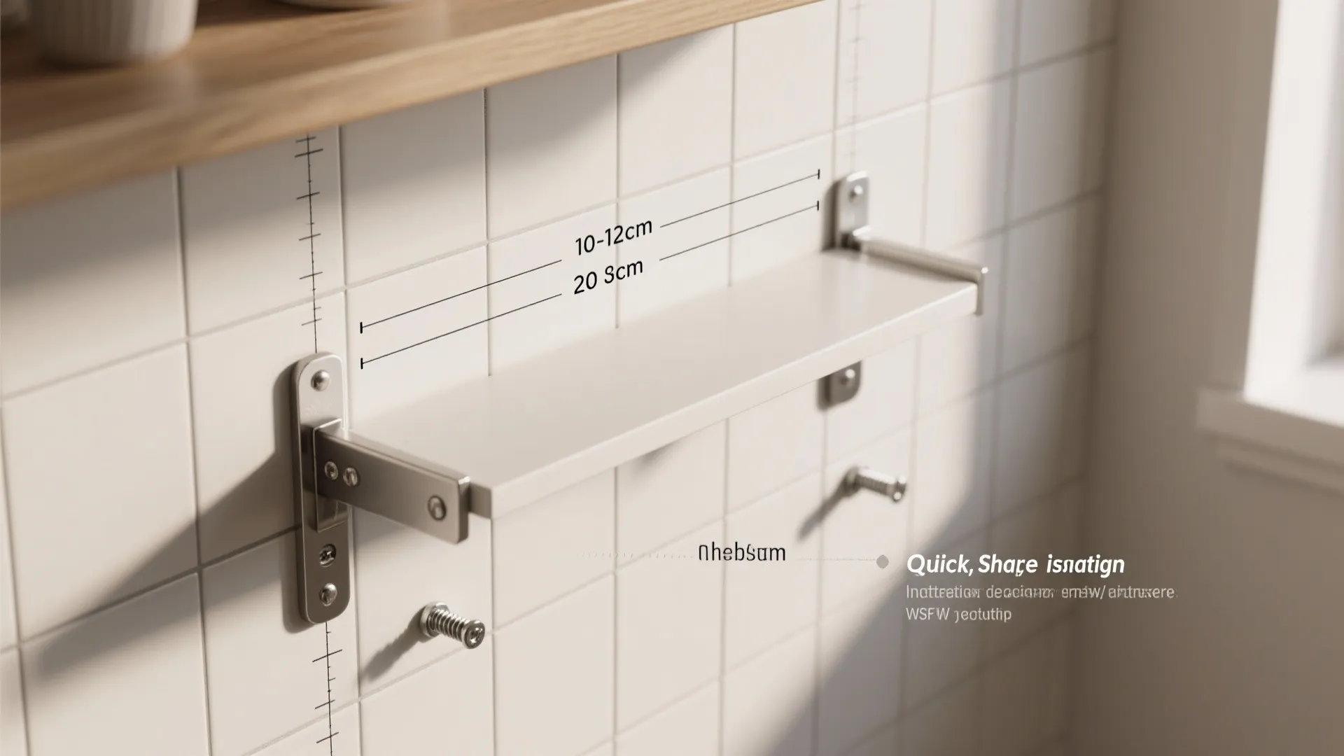Instructional drawing showing white shelf installation on tiled wall with specific height and width measurements